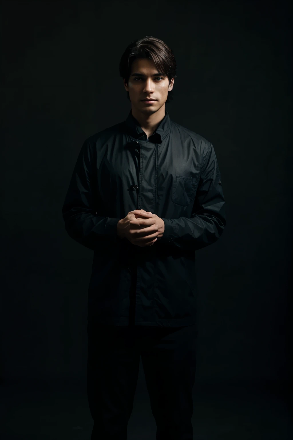 a dark image of a male standing with hand folded with no background