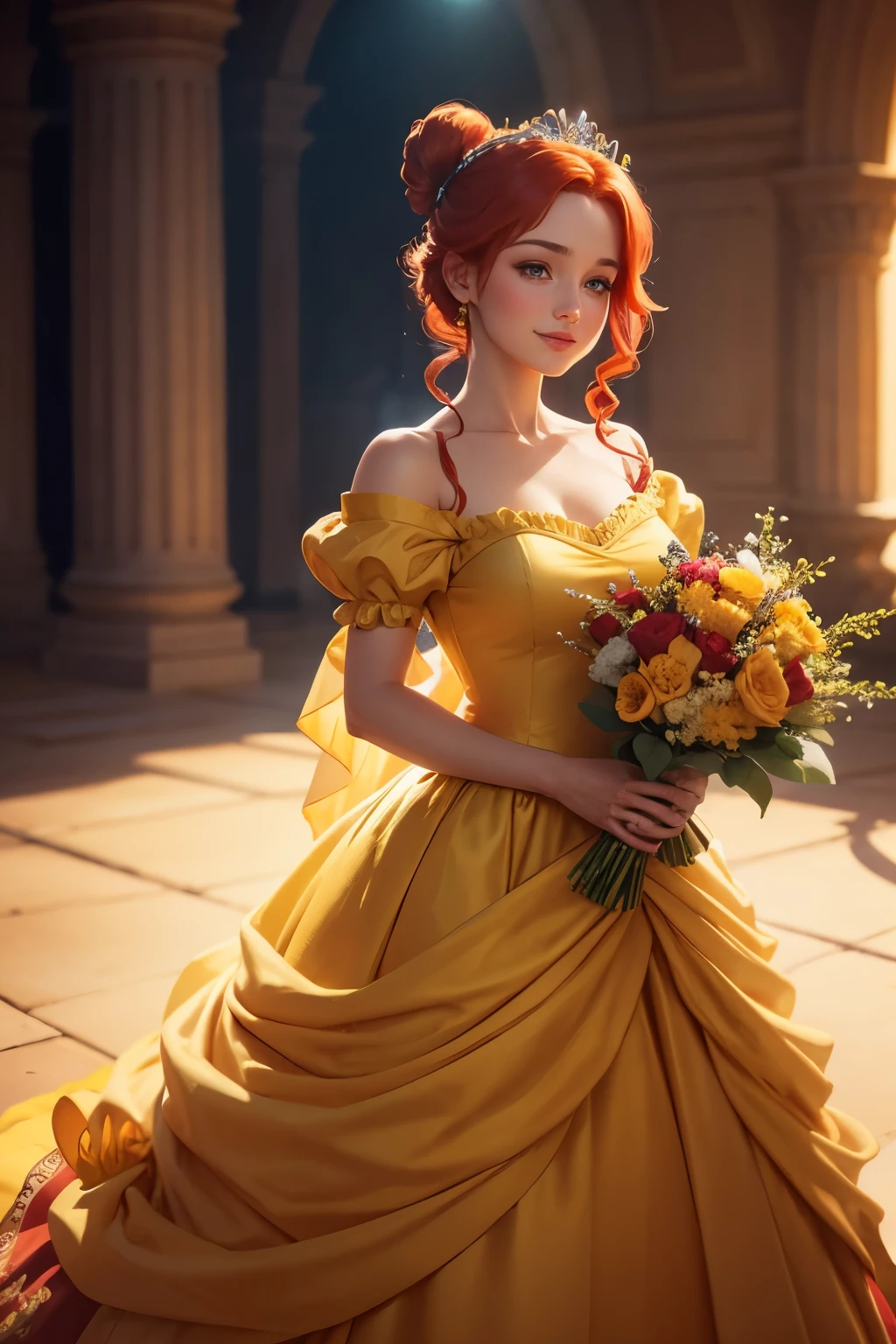Princess Belle in Disney style, red hair styled in a bun adorned with a small bow, wearing a yellow silk dress, clutching a bouquet of flowers, full body, gazes upward, positioned perfectly centered against a light blue unadorned background, open-eyed smile, cinematic lighting, digital art, ultra clear
