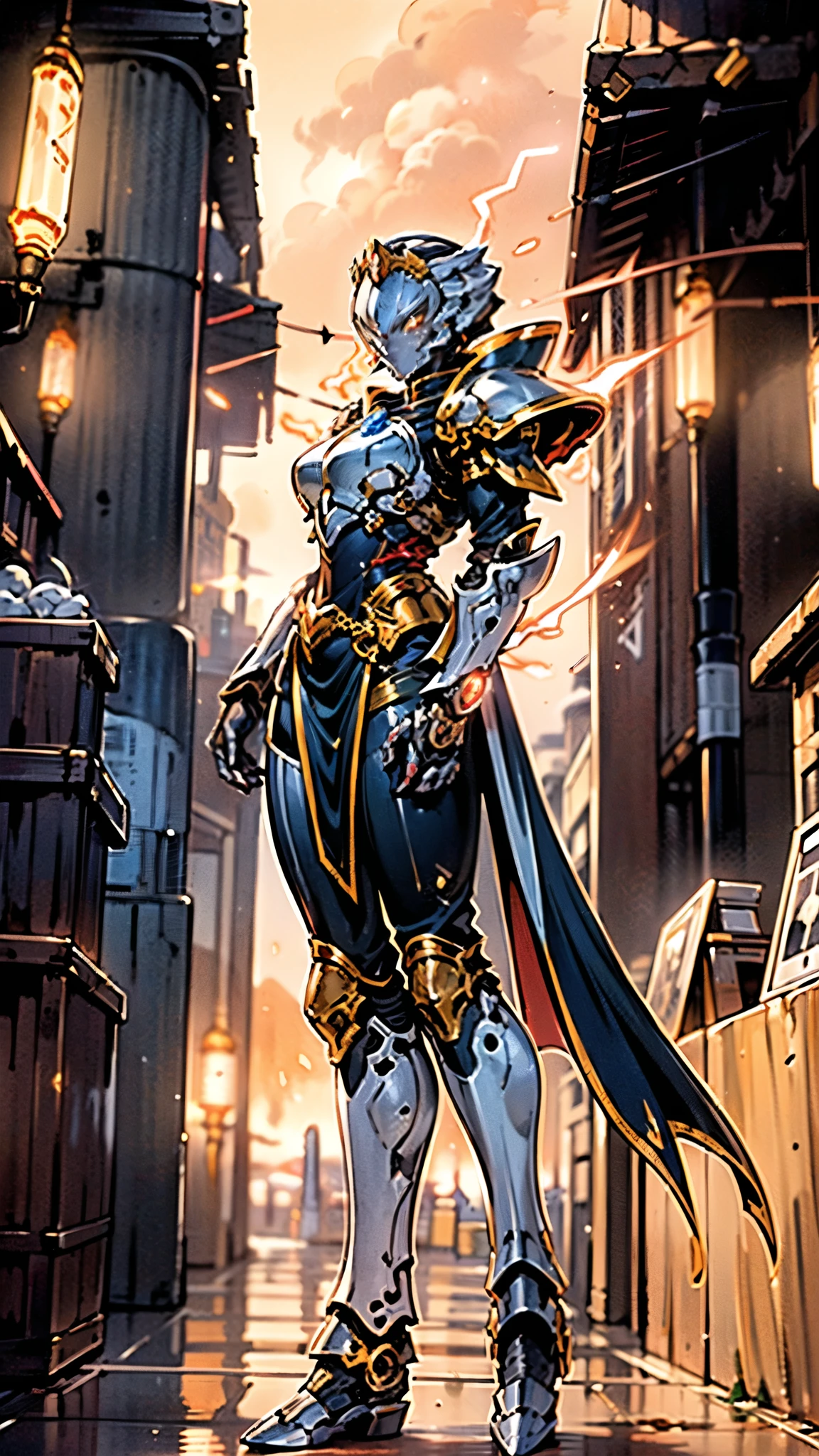 A woman adorned in fantasy-style full-body armor, a crown-concept fully enclosed helmet that unveils only her eyes, a composite layered chest plate, fully encompassing shoulder and hand guards, a lightweight waist armor, form-fitting shin guards, the overall design is heavy-duty yet flexible, ((the armor gleams with a golden glow, complemented by red and blue accents)), exhibiting a noble aura, she floats above a fantasy-surreal high-tech city, this character embodies a finely crafted fantasy-surreal style armored hero in anime style, exquisite and mature manga art style, (Queen bee mixed with Spider concept Armor, plasma, blood), ((Element, energy, elegant, goddess, femminine:1.5)), metallic, high definition, best quality, highres, ultra-detailed, ultra-fine painting, extremely delicate, professional, anatomically correct, symmetrical face, extremely detailed eyes and face, high quality eyes, creativity, RAW photo, UHD, 32k, Natural light, cinematic lighting, masterpiece-anatomy-perfect, masterpiece:1.5