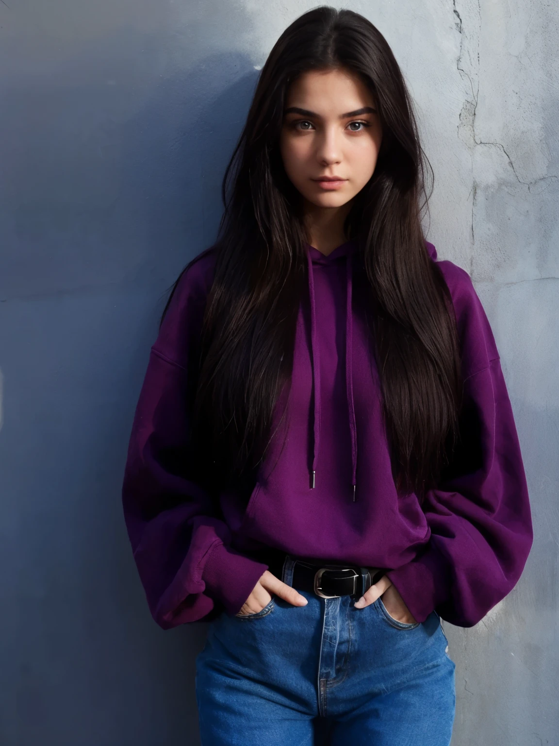 Against a wall: a -yeld Artinian girl with long, straight black hair, waist-length hair and stunning blue eyes, wrapped in a purple hoodie with her hands in her pockets. Full body image.