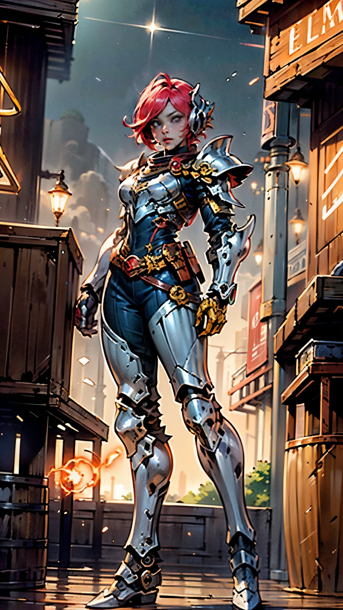 A woman adorned in fantasy-style full-body armor, a crown-concept fully enclosed helmet that unveils only her eyes, a composite layered chest plate, fully encompassing shoulder and hand guards, a lightweight waist armor, form-fitting shin guards, the overall design is heavy-duty yet flexible, ((the armor gleams with a golden glow, complemented by red and blue accents)), exhibiting a noble aura, she floats above a fantasy-surreal high-tech city, this character embodies a finely crafted fantasy-surreal style armored hero in anime style, exquisite and mature manga art style, (Queen bee mixed with Spider concept Armor, plasma, blood), ((Element, energy, elegant, goddess, femminine:1.5)), metallic, high definition, best quality, highres, ultra-detailed, ultra-fine painting, extremely delicate, professional, anatomically correct, symmetrical face, extremely detailed eyes and face, high quality eyes, creativity, RAW photo, UHD, 32k, Natural light, cinematic lighting, masterpiece-anatomy-perfect, masterpiece:1.5