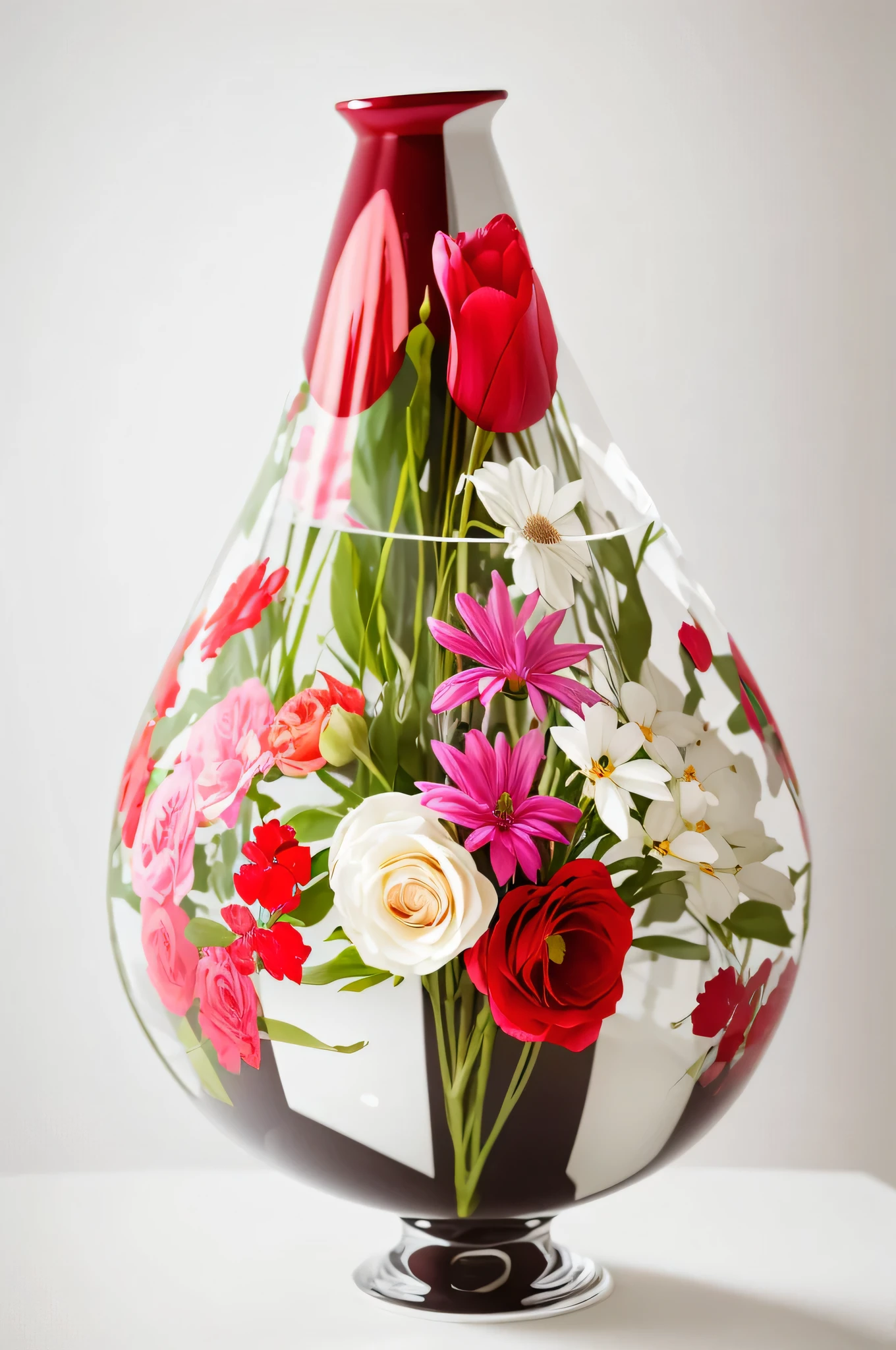 there is a vase with flowers in it on a white sheet, red flowers of different types, i dream of a vase flowers, vase with flowers, large exotic flowers, japanese flower arrangements, brightly colored flowers, vase of flowers, red and magenta flowers, inspired by François Boquet, with colorful flowers and plants, colourful flowers, colorful flowers