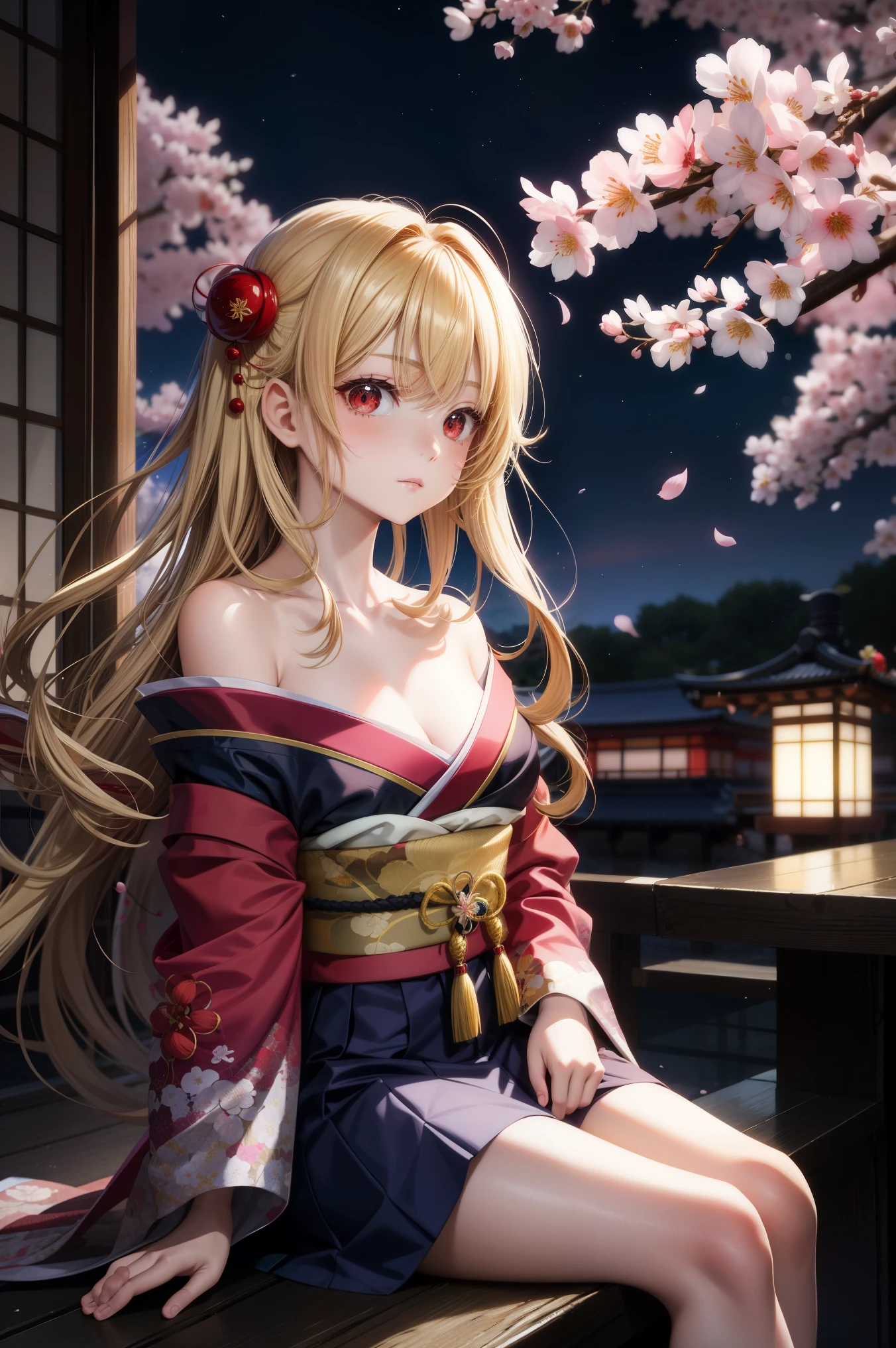 anime, one girl, blonde, Hair is tangled, red eyes, Kyoto, cherry blossoms、petal、moon, kimono, off shoulder, sitting, alone,