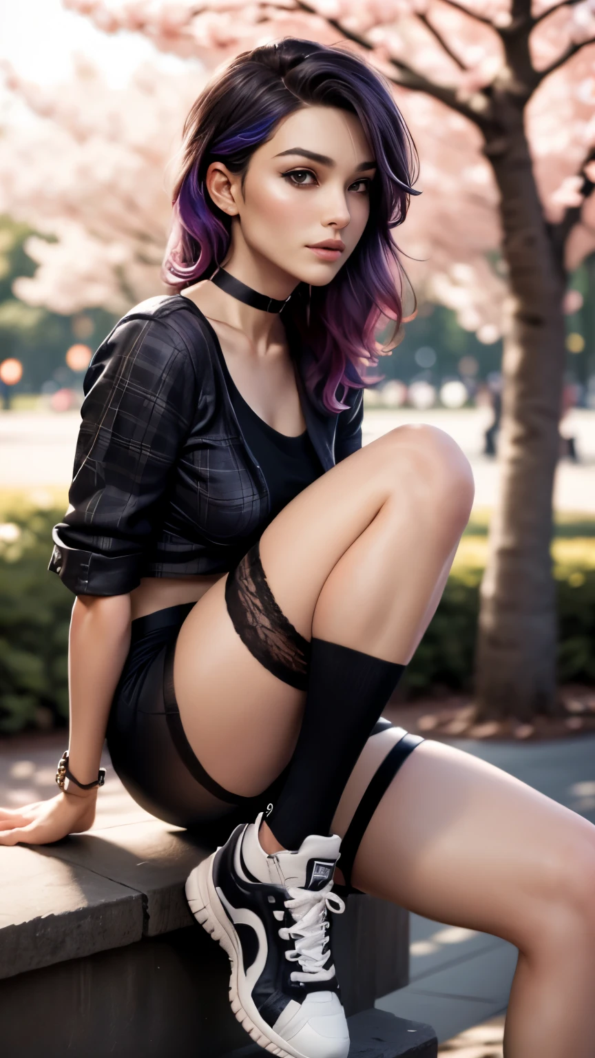 photo of celebrity, RAW, beautiful woman, ((portrait)), ((detailed face, colorful rainbow hair:1.2)), ((detailed facial feature, detailed skin, clear skin, parted lips), (perfect proportioned body, medium breasts, side boob), (wearing tight ripped black shirt, choker, short shorts, thigh high stockings, plaid b&w sneakers: 1.5)), sitting on a bench, (high detailed park with cherry blossoms: 1.3), (side profile, realistic photo, best quality, detailed), (8k wallpaper), (cinematic lighting, dramatic lighting) (sharp focus, intricate)