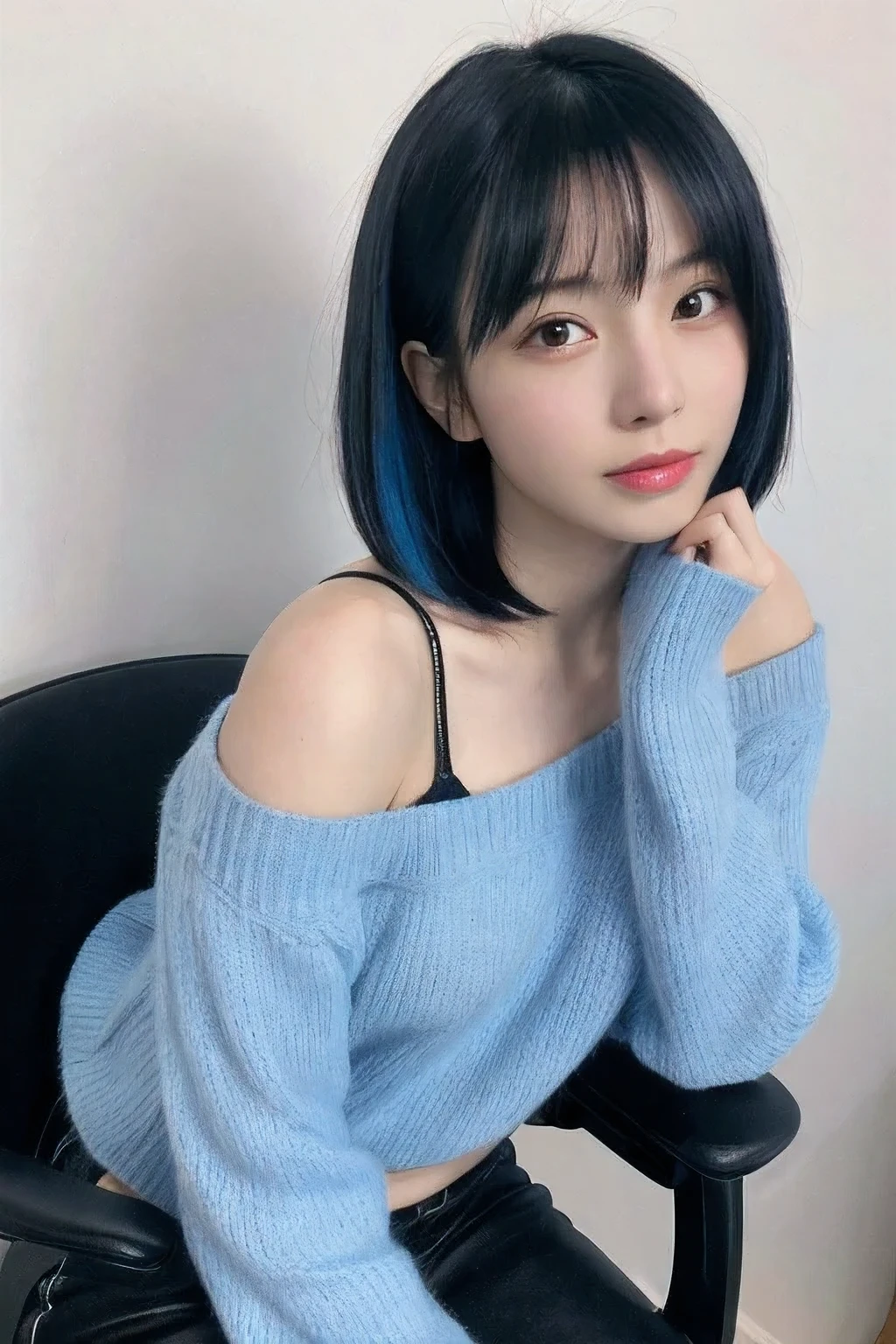 High resolution, japanese woman、20th generation、short hair、black hair、Blue inner color、sweater、Upper body
