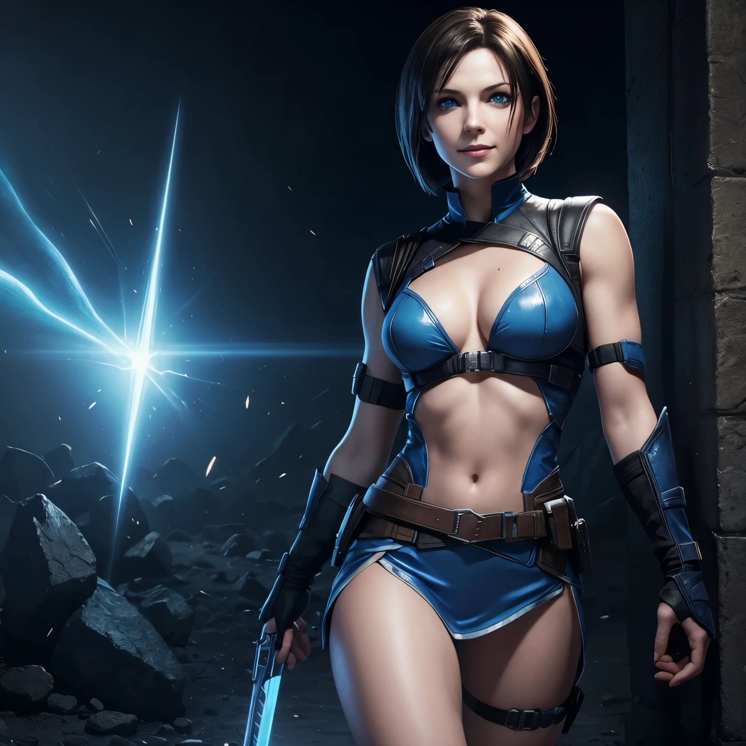 Jill Valentine, solo female, blue eyes, short straight hair, confident grin, high fantasy, battle mage