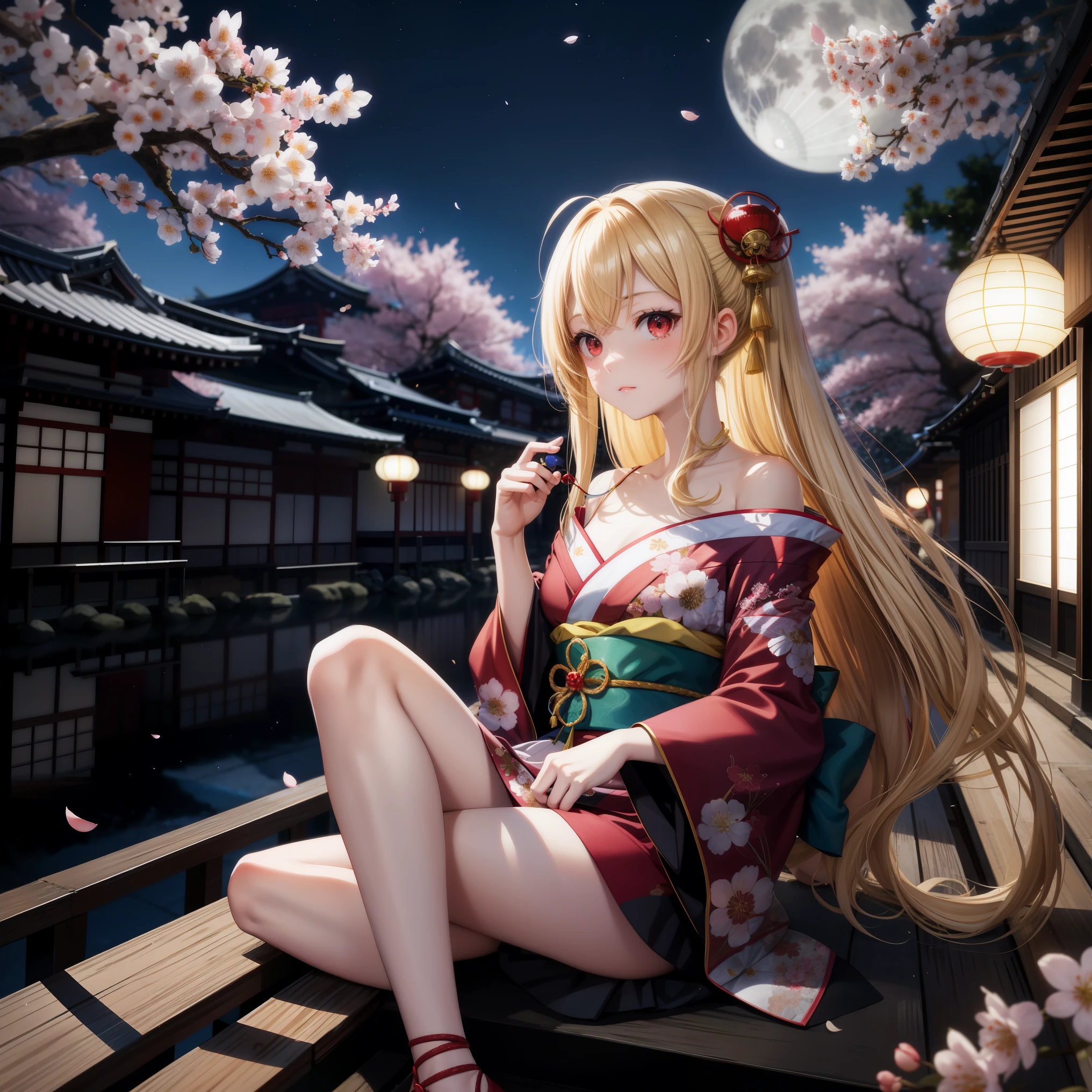 anime, one girl, blonde, hair is tying up, red eyes, kyoto, moon, cherry blossoms, kimono, off-shoulder, sitting, solo, flower hair ornament