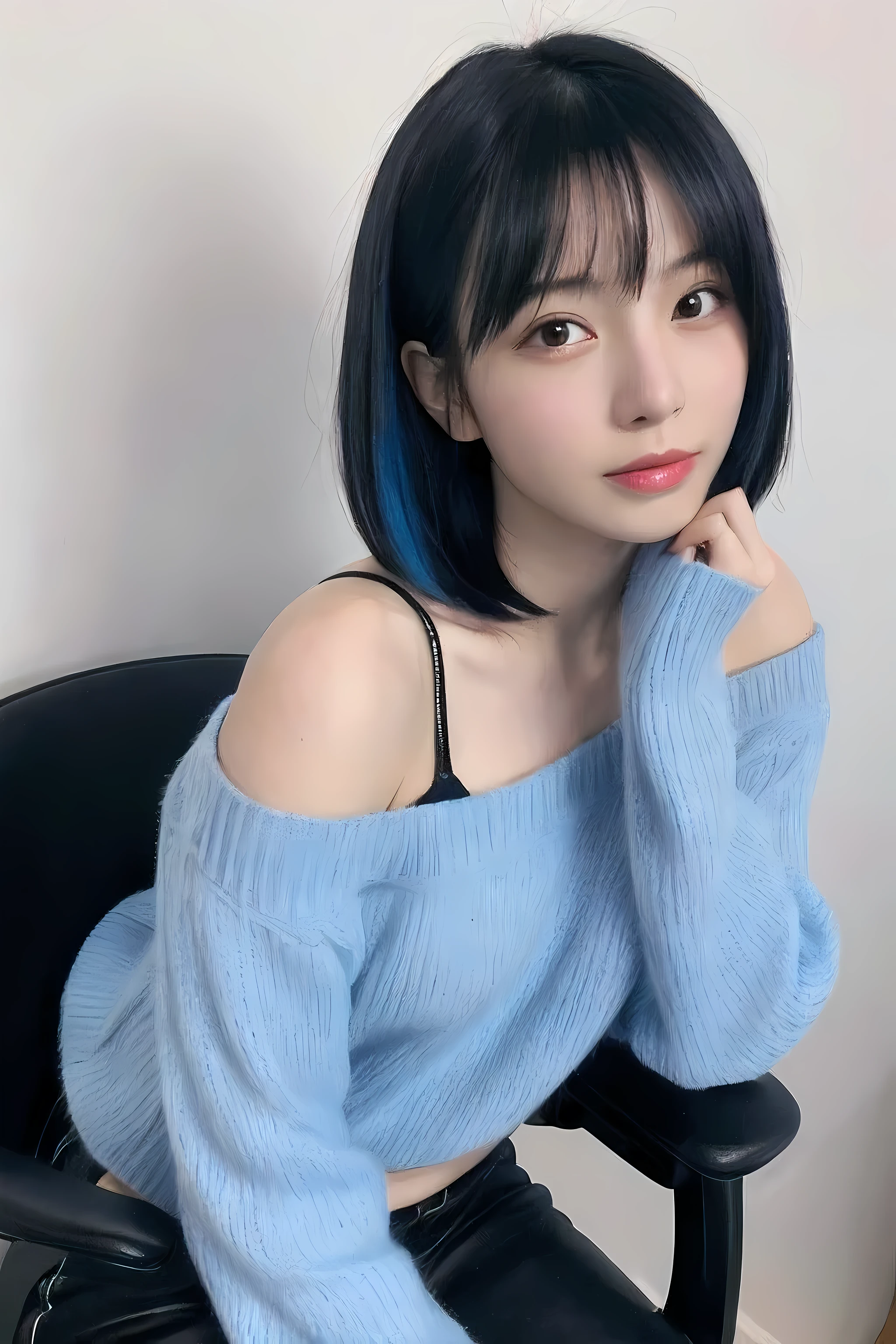 High resolution, japanese woman、20th generation、short hair、black hair、Blue inner color、sweater、Upper body