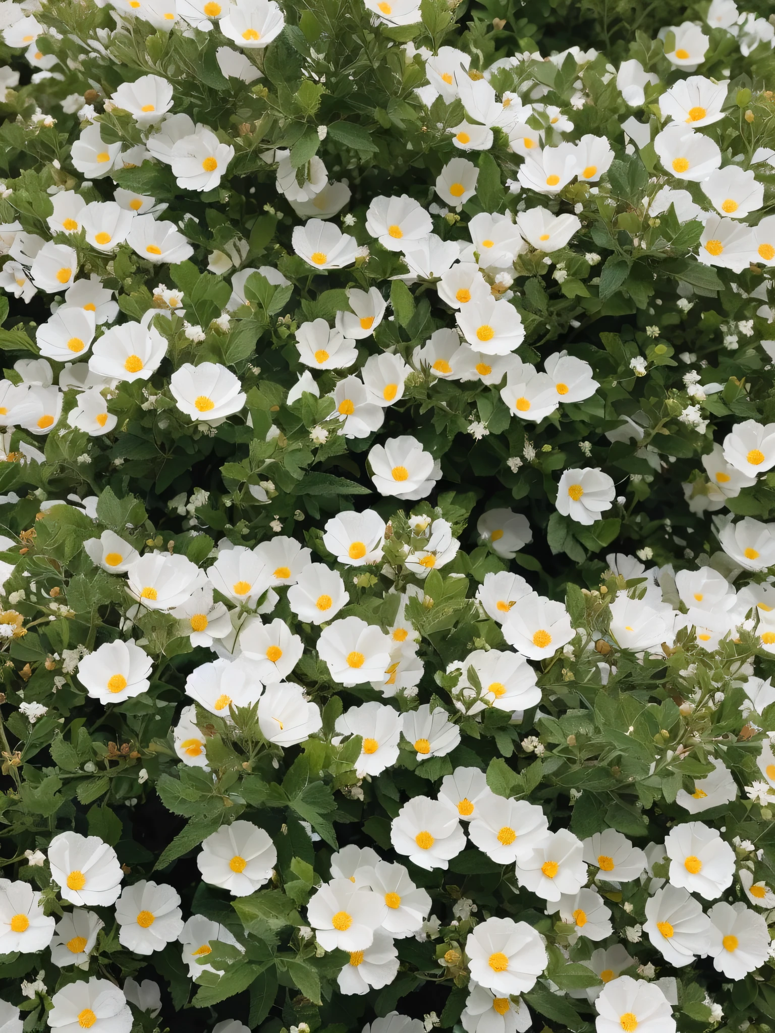 there is a white flower with yellow centers in a garden, white flowers, patchy flowers, many mechflowers, beautifully bright white, flowers and foliage, lots of little daisies, with soft bushes, sleek white, gleaming white, many flowers, very high bloom ammount, white flower, detailed white, lots of white cotton, lots of flowers, pristine and clean