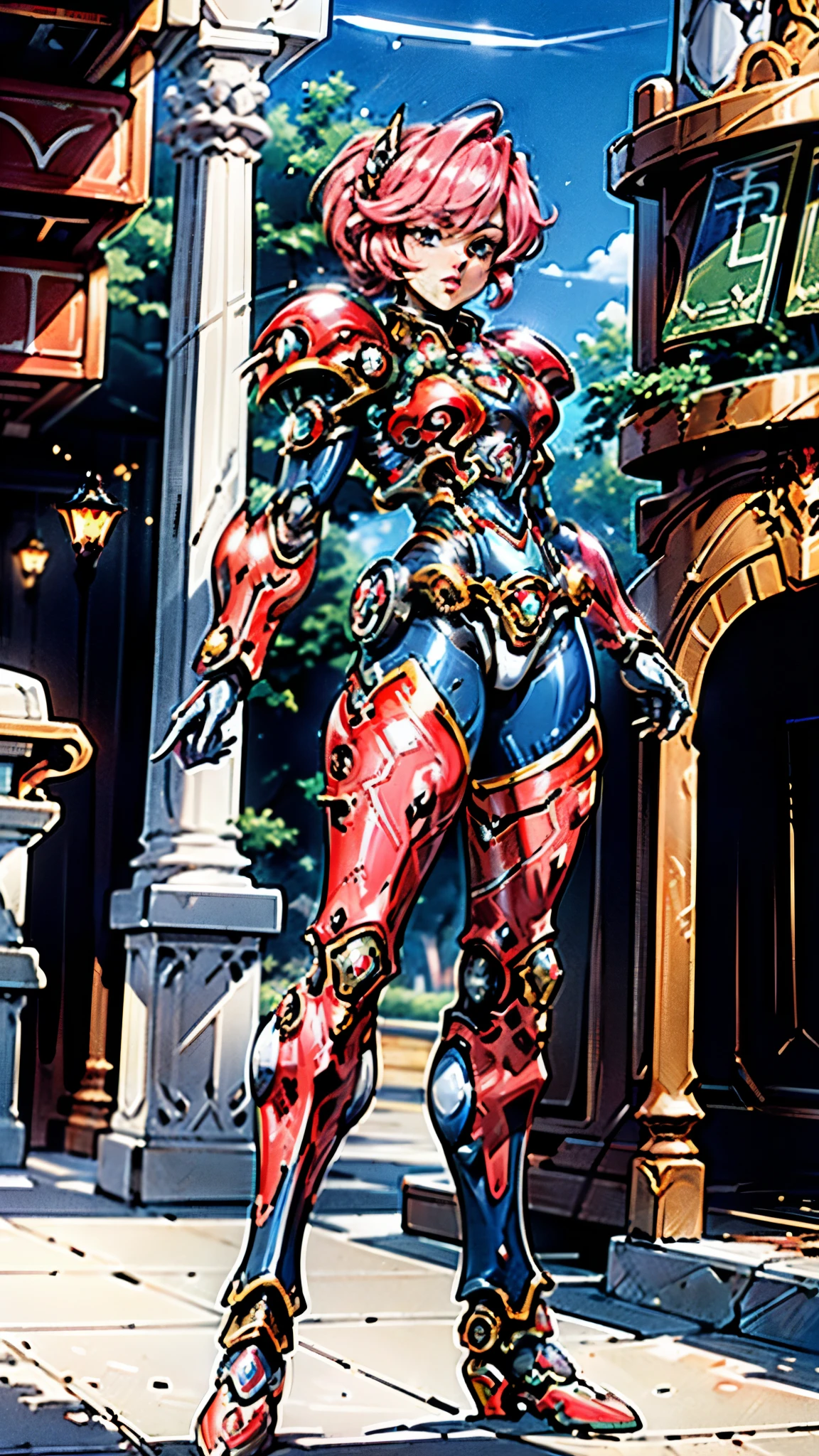 A woman adorned in fantasy-style full-body armor, a crown-concept fully enclosed helmet that unveils only her eyes, a composite layered chest plate, fully encompassing shoulder and hand guards, a lightweight waist armor, form-fitting shin guards, the overall design is heavy-duty yet flexible, ((the armor gleams with a golden glow, complemented by red and blue accents)), exhibiting a noble aura, she floats above a fantasy-surreal high-tech city, this character embodies a finely crafted fantasy-surreal style armored hero in anime style, exquisite and mature manga art style, (Queen bee mixed with Spider concept Armor, plasma, blood), ((Element, energy, elegant, goddess, femminine:1.5)), metallic, high definition, best quality, highres, ultra-detailed, ultra-fine painting, extremely delicate, professional, anatomically correct, symmetrical face, extremely detailed eyes and face, high quality eyes, creativity, RAW photo, UHD, 32k, Natural light, cinematic lighting, masterpiece-anatomy-perfect, masterpiece:1.5