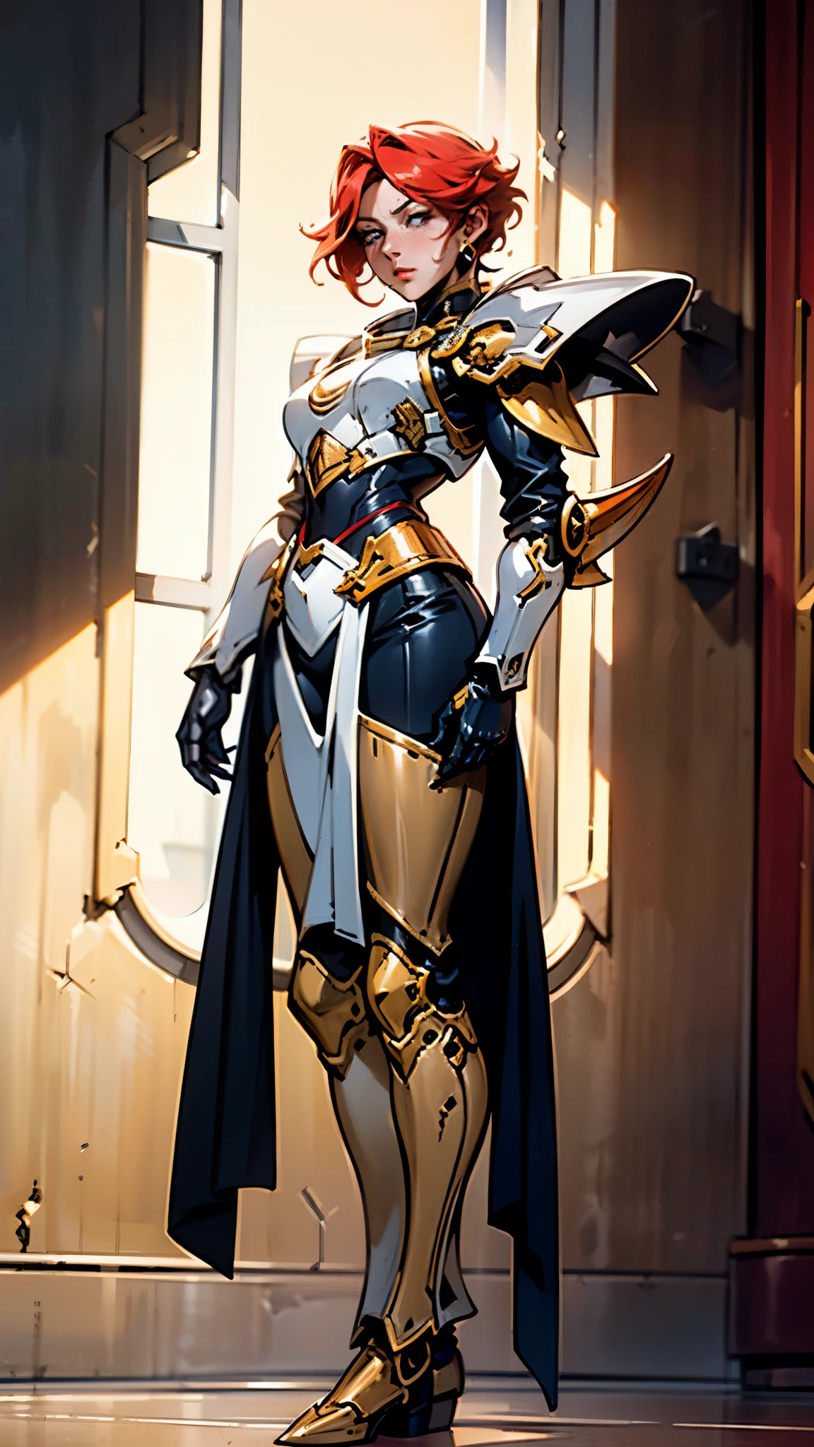 A woman adorned in fantasy-style full-body armor, a crown-concept fully enclosed helmet that unveils only her eyes, a composite layered chest plate, fully encompassing shoulder and hand guards, a lightweight waist armor, form-fitting shin guards, the overall design is heavy-duty yet flexible, ((the armor gleams with a golden glow, complemented by red and blue accents)), exhibiting a noble aura, she floats above a fantasy-surreal high-tech city, this character embodies a finely crafted fantasy-surreal style armored hero in anime style, exquisite and mature manga art style, (Queen bee mixed with Spider concept Armor, plasma, blood), ((Element, energy, elegant, goddess, femminine:1.5)), metallic, high definition, best quality, highres, ultra-detailed, ultra-fine painting, extremely delicate, professional, anatomically correct, symmetrical face, extremely detailed eyes and face, high quality eyes, creativity, RAW photo, UHD, 32k, Natural light, cinematic lighting, masterpiece-anatomy-perfect, masterpiece:1.5