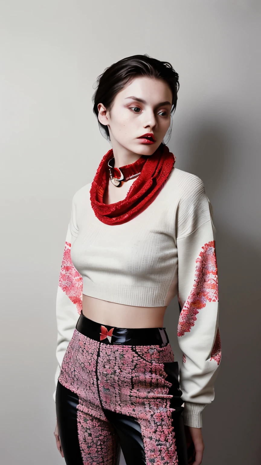 Captivating portrait photo of a fashionable girl dressed in a modern style. She is wearing a bright white thin long-sleeved sweater with a bright floral pattern on the sleeves and collar, and a bold bright red scarf tightly wrapped around her neck. The look is completed with dark pants that contrast brightly with the rest of the ensemble. The background is a mesmerizing combination of geometric shapes and patches of color, seamlessly blending with the unique pattern of the sweater. This modern and edgy aesthetic is perfect for the fashionable man in your life and showcases the interplay of fashion, conceptual art and bright colors in a striking portrait photograph., conceptual art, portrait photography, bright, fashion