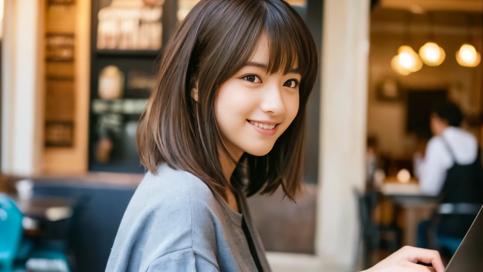 ((最high quality, 8k, masterpiece: 1.3)), perfect face,Inside a stylish cafe in New York、A scene in which a beautiful model-like woman with big breasts is drinking a latte and studying on a laptop.,everything around you, I can see other customers enjoying themselves too...。At the back of the cafe、Staff are busy working at the counter.、Feel the vibrancy and warmth of a city cafe.., sharp focus, 1 girl, sexy 1.2, brown hair, With bangs, (layered short hair), (big: 1.5), fine eyes, Beautiful eyes with slit length, double eyelid, (cat face), (cute Face), cute Smile, (close your mouth), (cute), soft skin, show the whole body, surreal, Super detailed, high quality, (カフェで勉強するショートヘアでbrown hairの美しい女子大生), ((詳細な非常にcute女子大生), ((big胸 It can be seen even through clothes)),Staring at my boyfriend