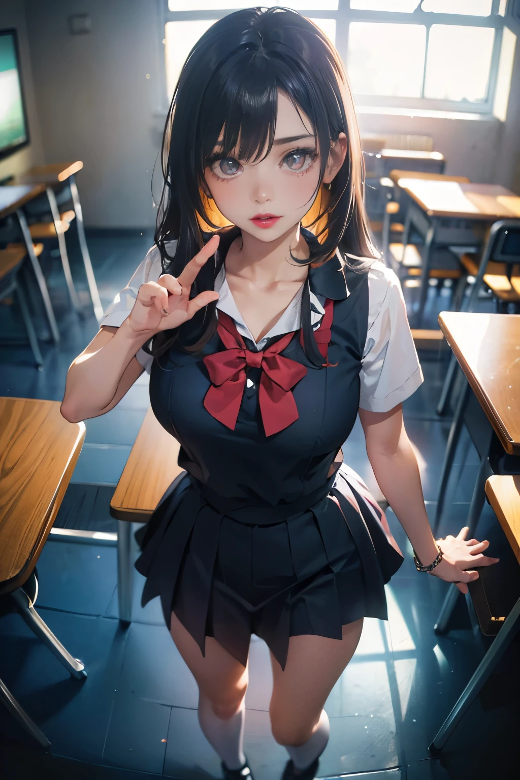 (master part: 1.3), (maximum resolution: 1.2), (Ultra HDTV: 1.2), luz de cinema, Ultra HDTV, (olhos e pele detalhados), (detailed facial features), HDR, 8K resolution, sharp focus: 1.2, Estilo perfeito, beautiful face, preciso, anatomicamente correto, Textura altamente detalhada do rosto e da pele, olhos detalhados, olhos castanhos, double eyelids, sobrancelhas finas, Delineador Glitter: 1.2, Bochechas naturais, pele brilhante, pele clara: 1.2, colar e brincos pequenos brilhantes, (bright lips: 1.4),
BREAK
first-person view, Wearing a sexy high school uniform, (Embarrassed:1.2), (corar:1.2), inocente e bonito, (ponytail in high position, cabelos ondulados, cabelos castanhos claros, franja fluindo diagonalmente), medium long hair,
quebrar
(tiro de corpo inteiro: 1.2), (de baixo:1.3), (foco nas pernas), ((Very intimate relationships: 1.2)), (medium large breasts:1.1), ((Standing in the school chair with his legs closed)), (Pose que levantou um pouco a saia:1.2)),
quebrar
(((na sala de aula: 1.2)), (olhando para baixo para o espectador:1.2)),