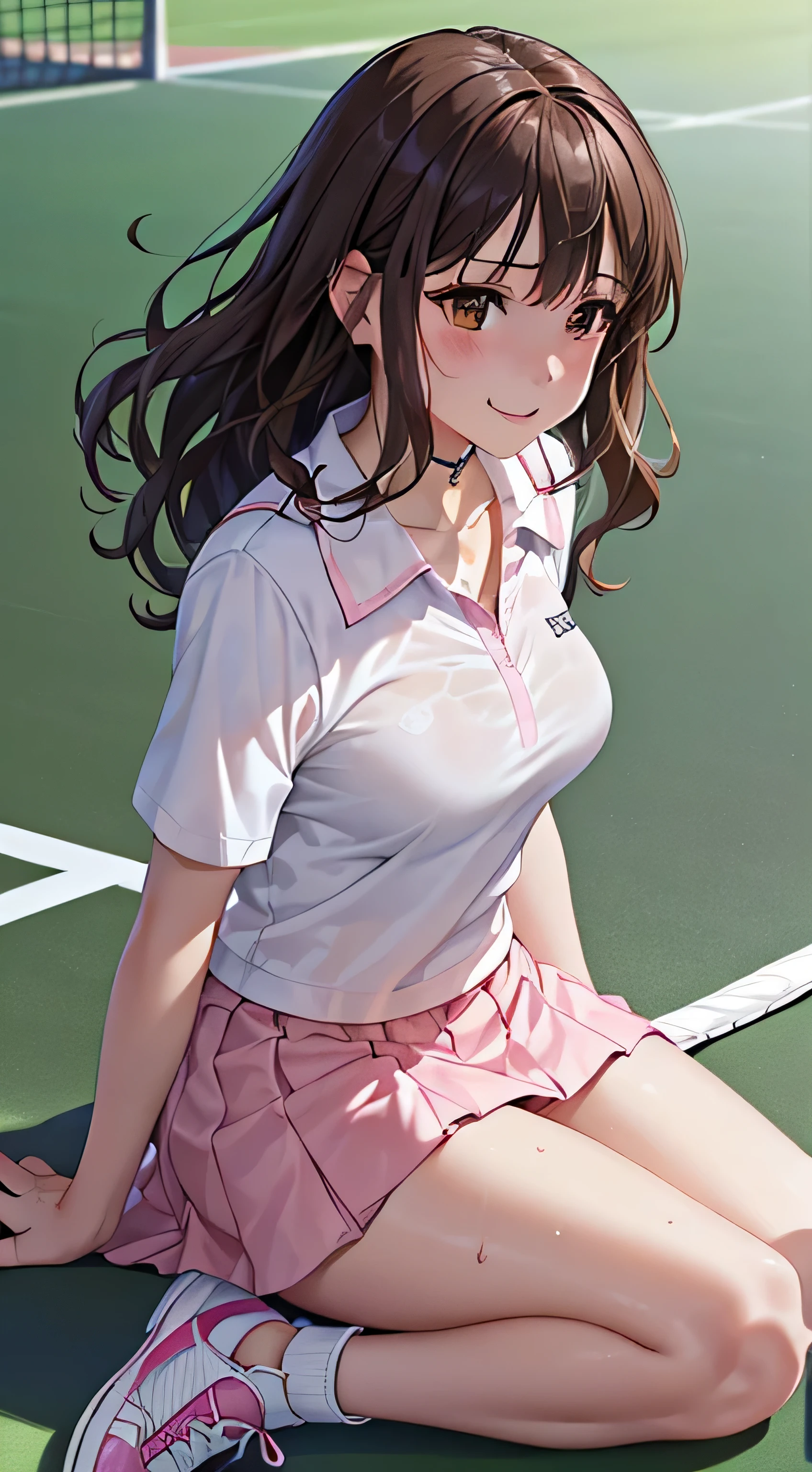 ((table top, highest quality, High resolution, perfect pixel,  4k,)), 1 girl, single, alone, Beautiful woman、I could see the whole body、 ((short wavy hair, bangs, brown hair)), ((brown eyes, beautiful eyelashes, realistic eyes)), ((detailed face, blush:1.2)), ((smooth texture:0.75, realistic texture:0.65, realistic:1.1, Anime CG style)), medium breasts, dynamic angle, perfect body,  ((white tennis wear、White short-sleeved shirt with collar、pink ruffle skirt、white tennis shoes、The wind flips my skirt、pink floral panties、No bra))、Tennis court、、Very embarrassing panic smile、、、、my chest is wet、