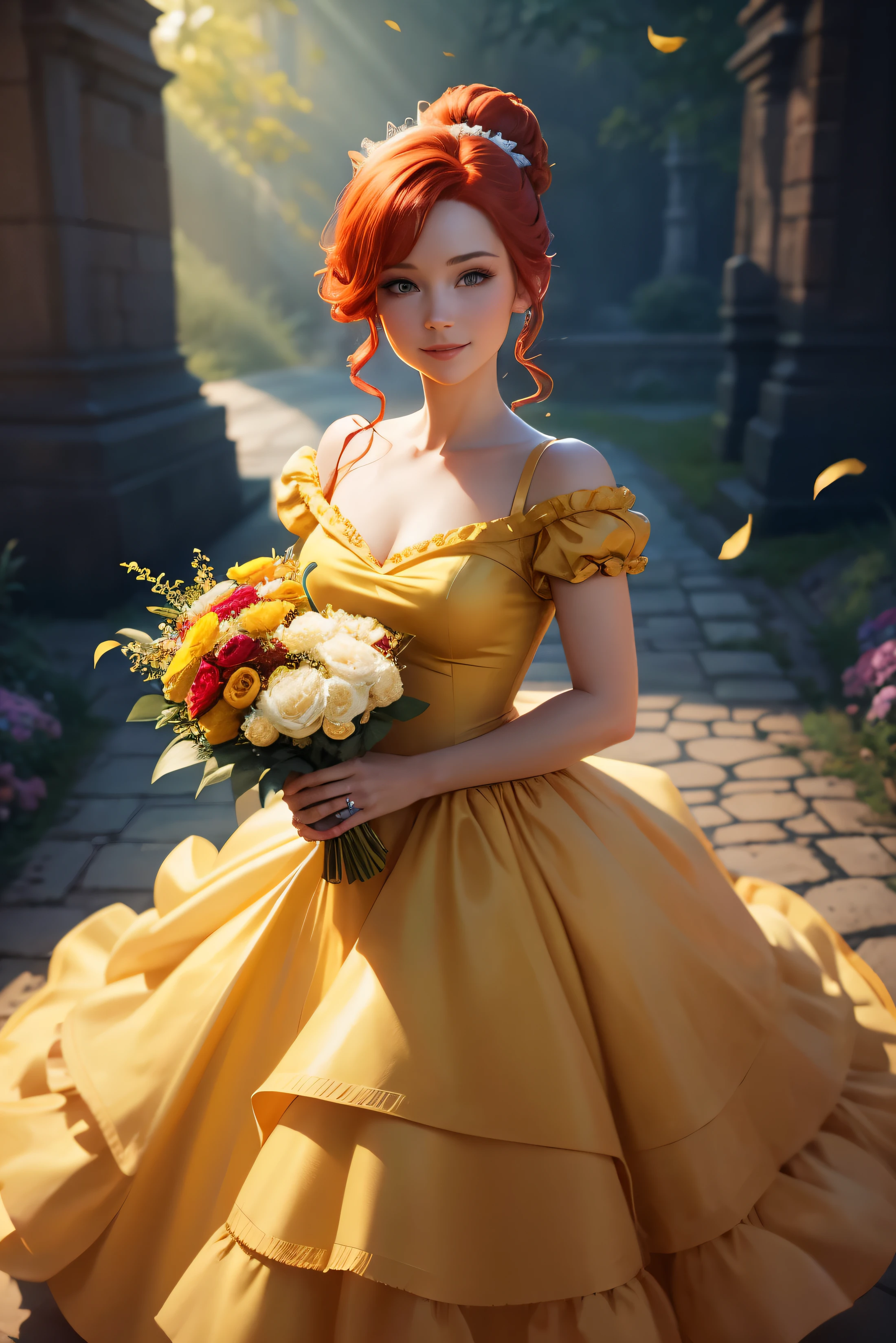Princesa Belle no estilo Disney, red hair tied into a bun adorned with a small bow, usando um vestido de seda amarelo, holding a bouquet of flowers, Corpo todo, olha para cima, posicionado perfeitamente centralizado contra um fundo azul claro sem adornos, sorriso de olhos abertos, Cinematic lighting, arte digital, muito limpo