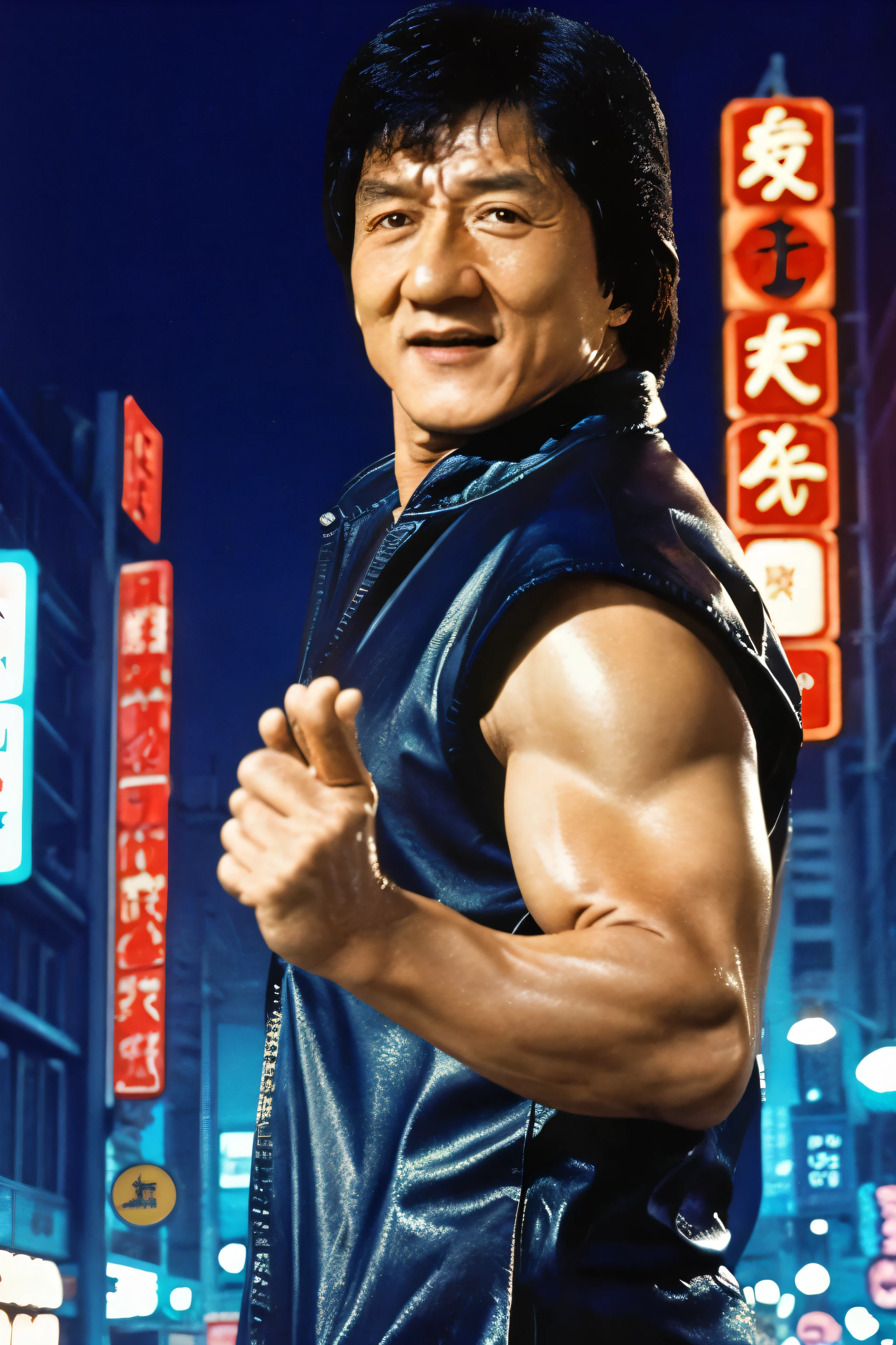 Jackie Chan，Jackie Chan，にやにやof笑顔，masterpiece, highest quality,film grain, high color saturation, scenery,night,light_of,neon lights, neon trim,