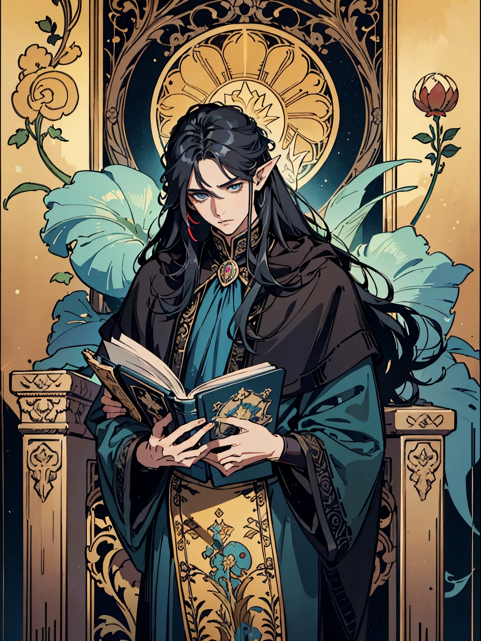 (Flat color:1.1),(Colorful:1.3),(Masterpiece:1.2), tarot: sorcerer, Best quality, Masterpiece, Original, 1 male, elven ears, thin, annoyed, long jet black hair, holding a large book, blue eyes, Full body photo of men,(blue black mage robes), Very detailed wallpaper, Solo,(flames scenery),tarot card layout,Best quality, Masterpiece, (Realistic:0.6), Realistic lighting, Flower frame, Decorative panels, abstract artistic, Alphonse Mucha (masterpiece, best quality, A high resolution: 1.4), A detailed, Complicated details, 4K,cerulean, Line art, Fibonacci