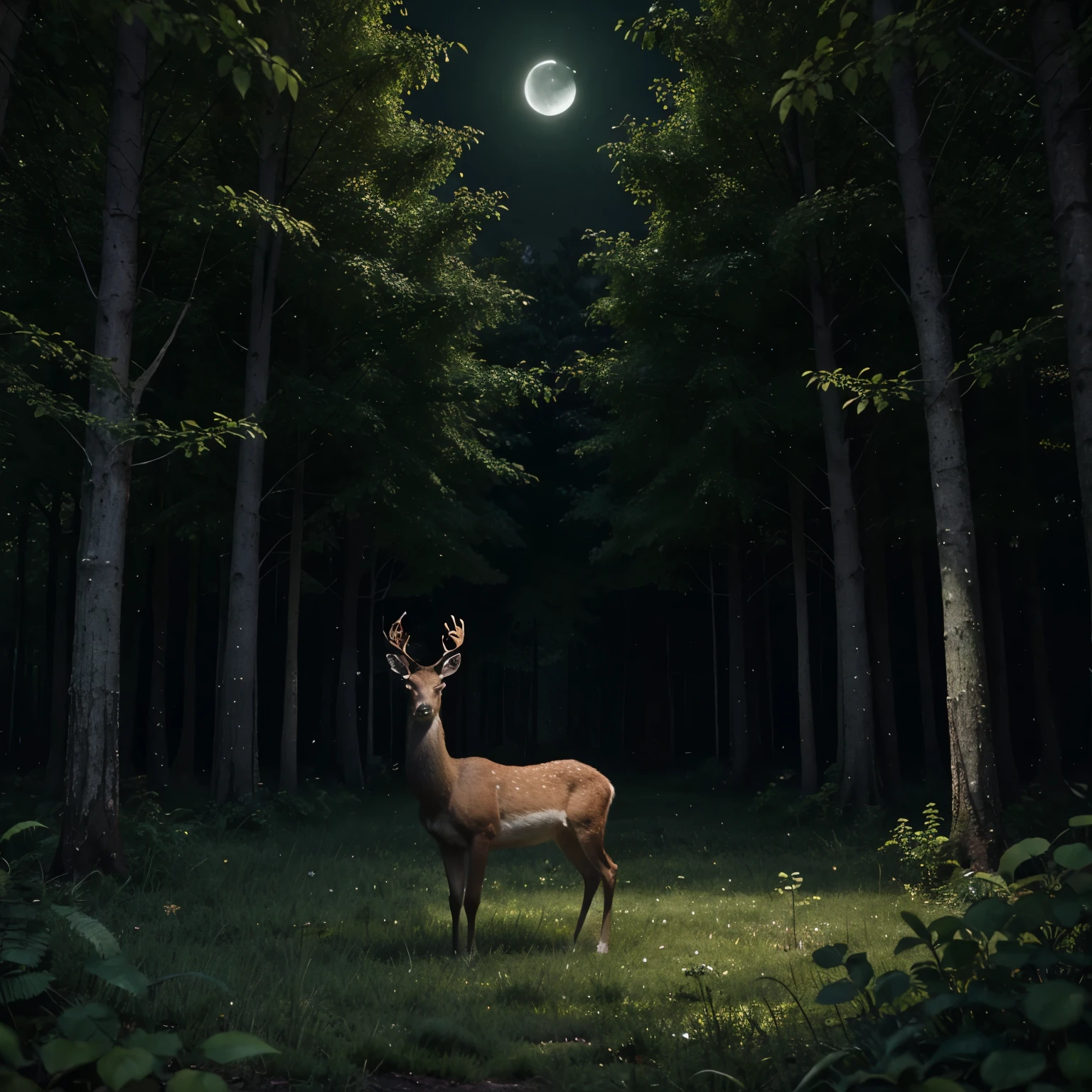 a great male deer in watercolor in a forrest with dark green trees and plants at night with moon 4D, with definition and details, cinematic, 3D rendering, vivid, conceptual art, dark fantasy