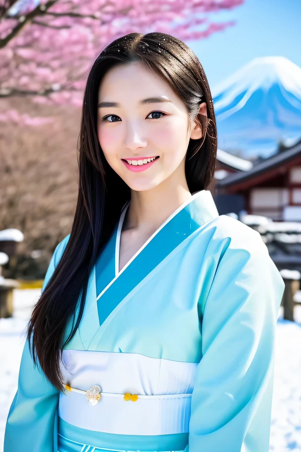 realistic photos of (1 cute Korean star) Shoulder-length hair, thin makeup, medium breasts size, wearing Japanese national costume kimono, in the snow, clear facial features, 8K high resolution, sharp and realistic details from outside, Eye-Level Shot, f/4.0, 135mm, Fujifilm, jpeg artifacts, dithering, UHD, masterpiece, Mount Fuji in the background.