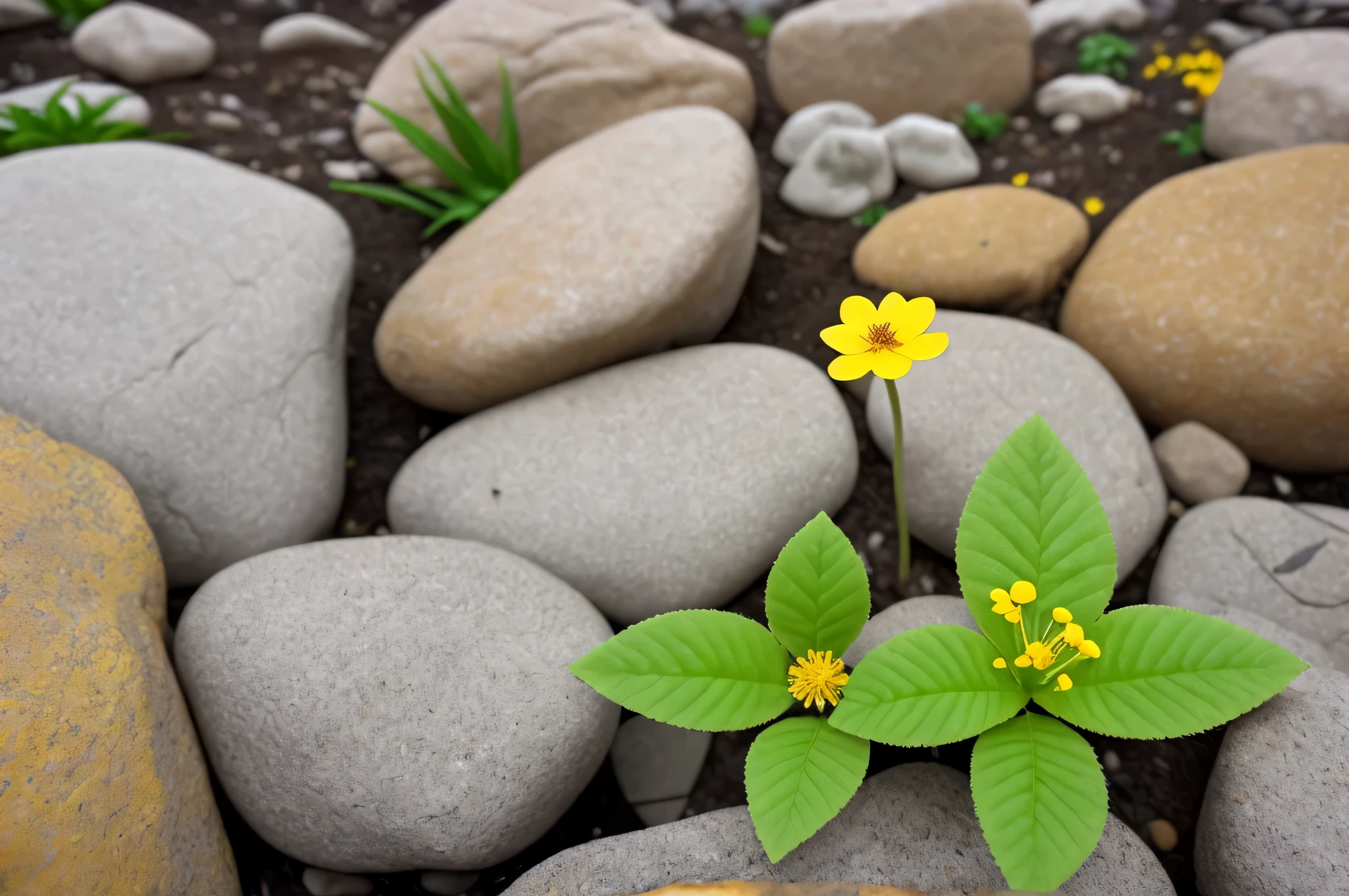there is a small yellow flower growing out of a crack in the rocks, bold composition, simple composition, strong contrasts, surrounded flower, flowers around, brilliant composition, against dark background, confident, rocks coming out of the ground, occasional small rubble, inspirational and powerful, strong contrast, flowers growing out of its head, center focused, confident pose