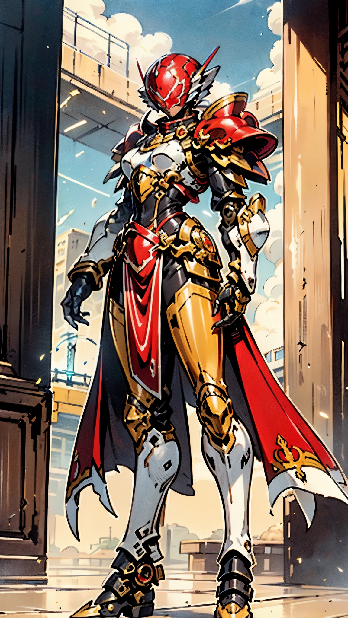 A woman adorned in fantasy-style full-body armor, a crown-concept fully enclosed helmet that unveils only her eyes, a composite layered chest plate, fully encompassing shoulder and hand guards, a lightweight waist armor, form-fitting shin guards, the overall design is heavy-duty yet flexible, ((the armor gleams with a golden glow, complemented by red and blue accents)), exhibiting a noble aura, she floats above a fantasy-surreal high-tech city, this character embodies a finely crafted fantasy-surreal style armored hero in anime style, exquisite and mature manga art style, (Queen bee mixed with Spider concept Armor, plasma, blood), ((Element, energy, elegant, goddess, femminine:1.5)), metallic, high definition, best quality, highres, ultra-detailed, ultra-fine painting, extremely delicate, professional, anatomically correct, symmetrical face, extremely detailed eyes and face, high quality eyes, creativity, RAW photo, UHD, 32k, Natural light, cinematic lighting, masterpiece-anatomy-perfect, masterpiece:1.5