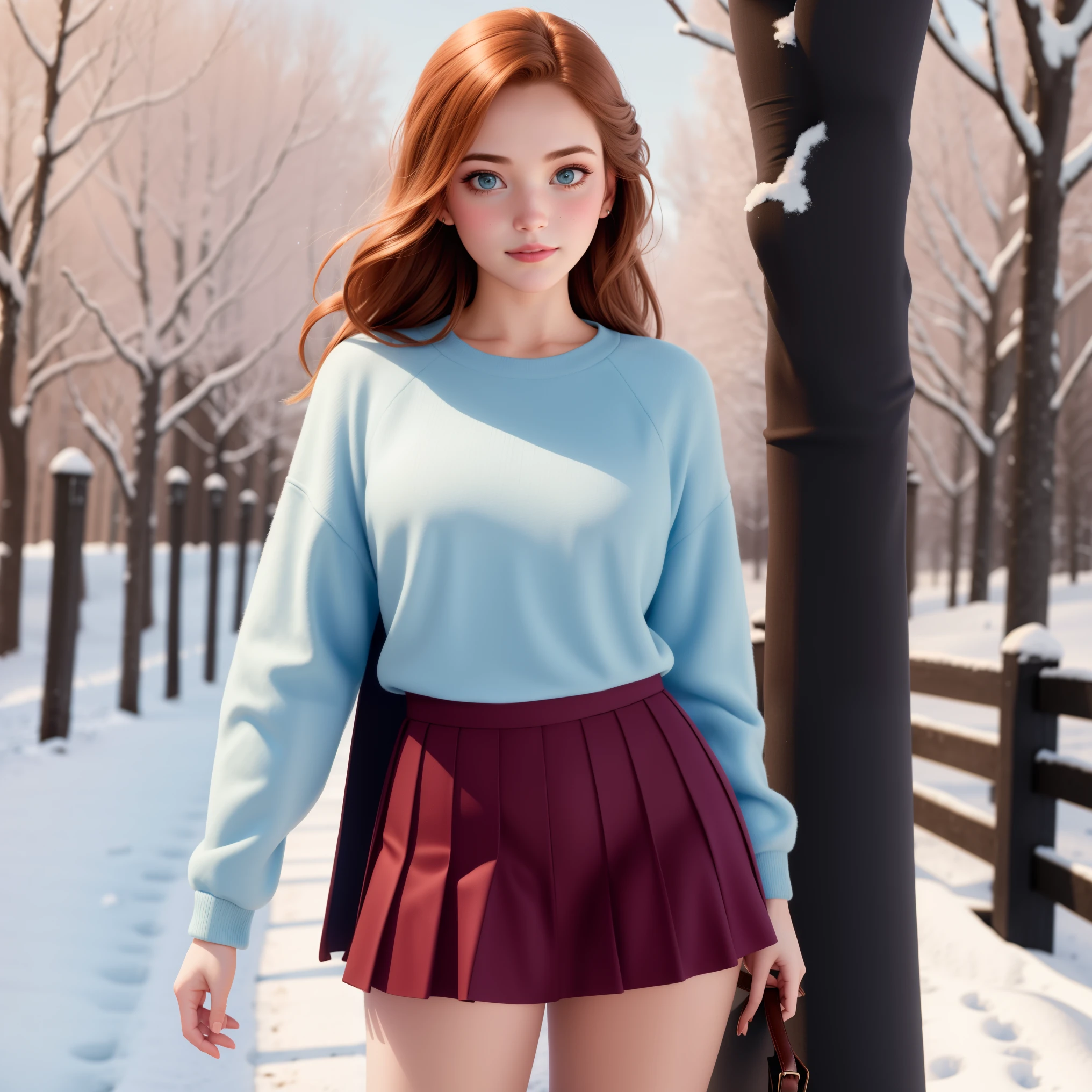 woman, ((Masterpiece, best quality)), full body view, sexy, detailed skin, Anna from Frozen clothes, highly detailed, cinematic lighting, ultra realistic, blush, looking at viewer,  anna, anna from frozen, princess, disney, brown hair, long hair, portrait, outdoor, snow, full body view, tall, 
skirt, miniskirt, microskirt, pleated skirt, thighs,