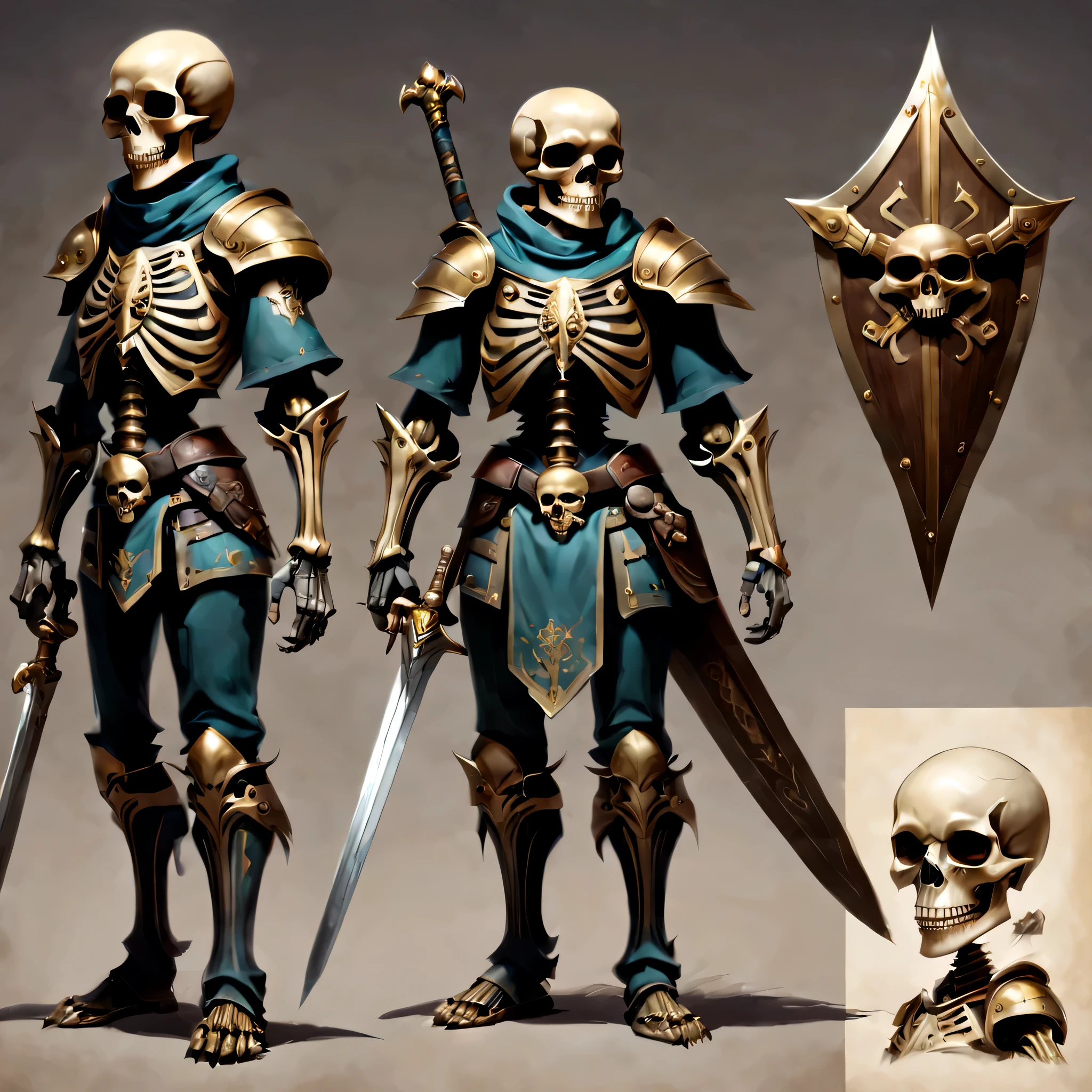 Create an original character design sheet,skeleton warrior,sword and shield,((3 views,whole body, background,multiple views,High resolution)),be familiar with,multiple views,Active,action pose,dynamic,nice,,masterpiece,highest quality,In detail,gracefully,sketch,sketch,ラフsketch,propose