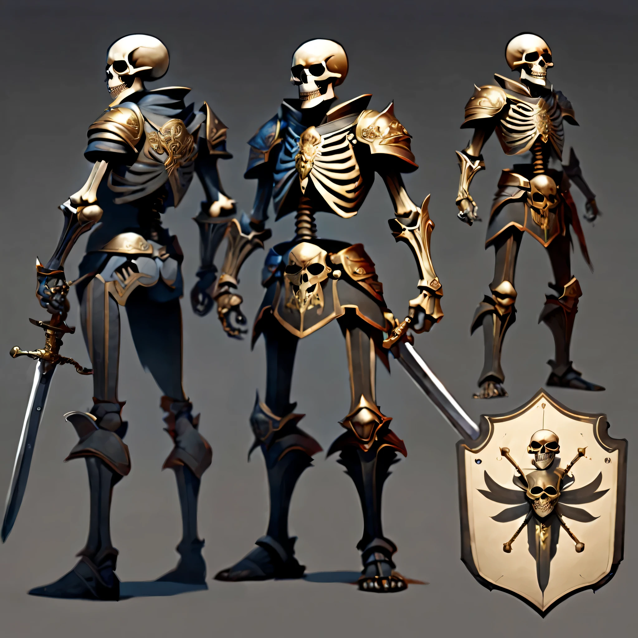 Create an original character design sheet,skeleton warrior,sword and shield,((3 views,whole body, background,multiple views,High resolution)),be familiar with,multiple views,Active,action pose,dynamic,nice,,masterpiece,highest quality,In detail,gracefully,sketch,sketch,ラフsketch,propose