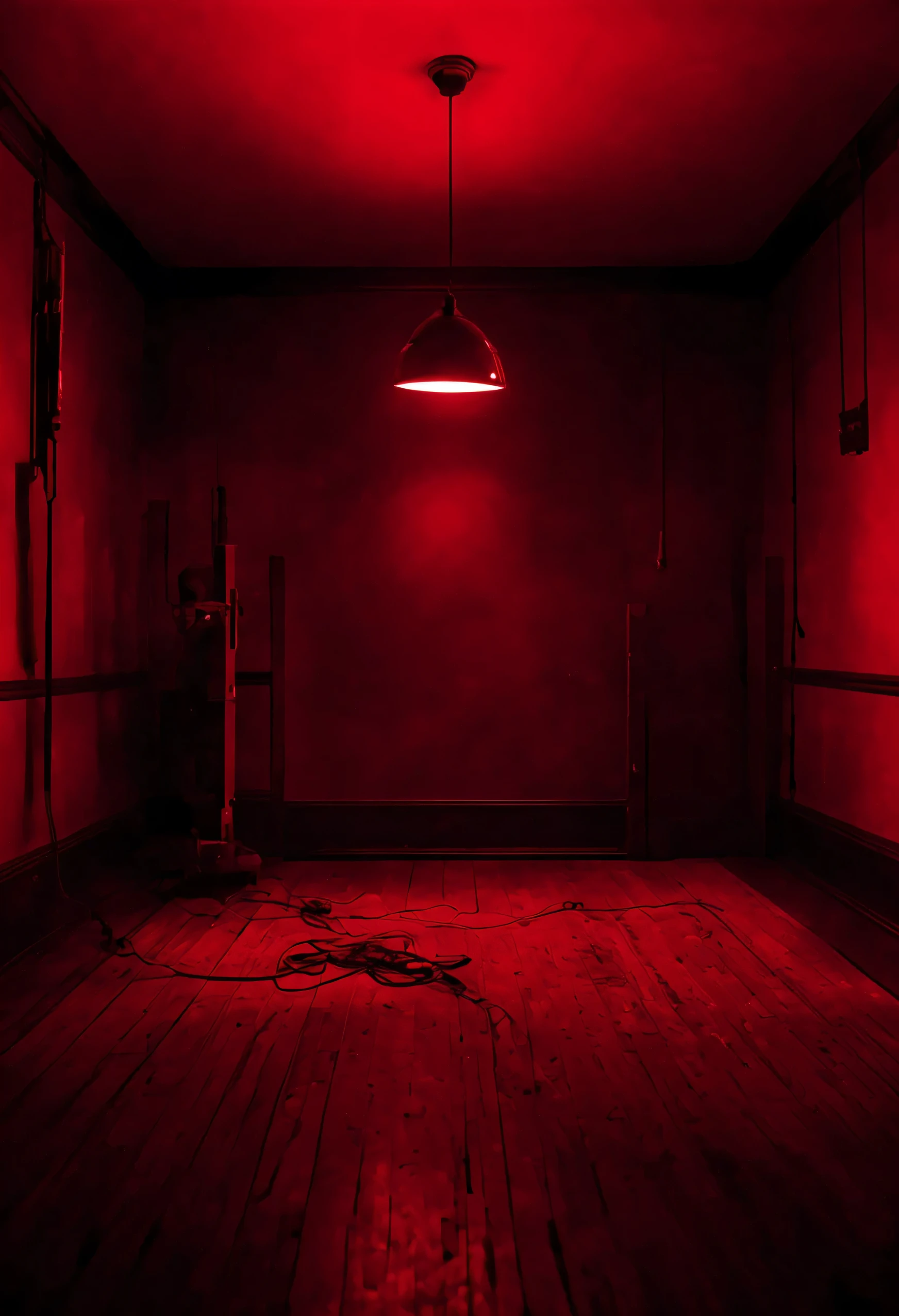 cinematic red room lighting, dark cinematic lighting, still from the movie saw, photorealistic movie still, film still from a horror movie, psychological horror movie still, promo still