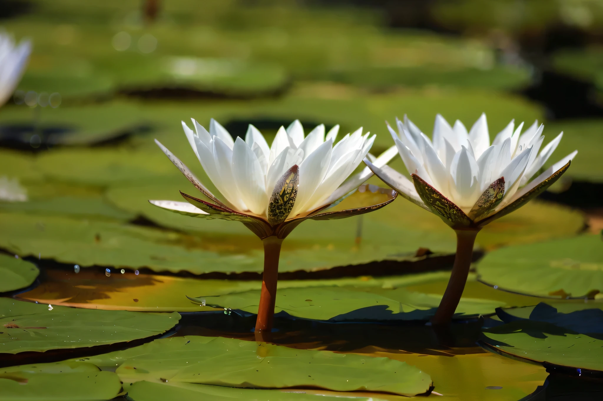there are two white water lillies in the water with green leaves, lotus flowers on the water, water lilies, lotus flowers, nymphaea, lotuses, lily pads, waterlily pads, lillies, lily pad, lily flowers, lotus flower, lying on lily pad, with lotus flowers, lily flower, waterlily pond, standing on a lotus