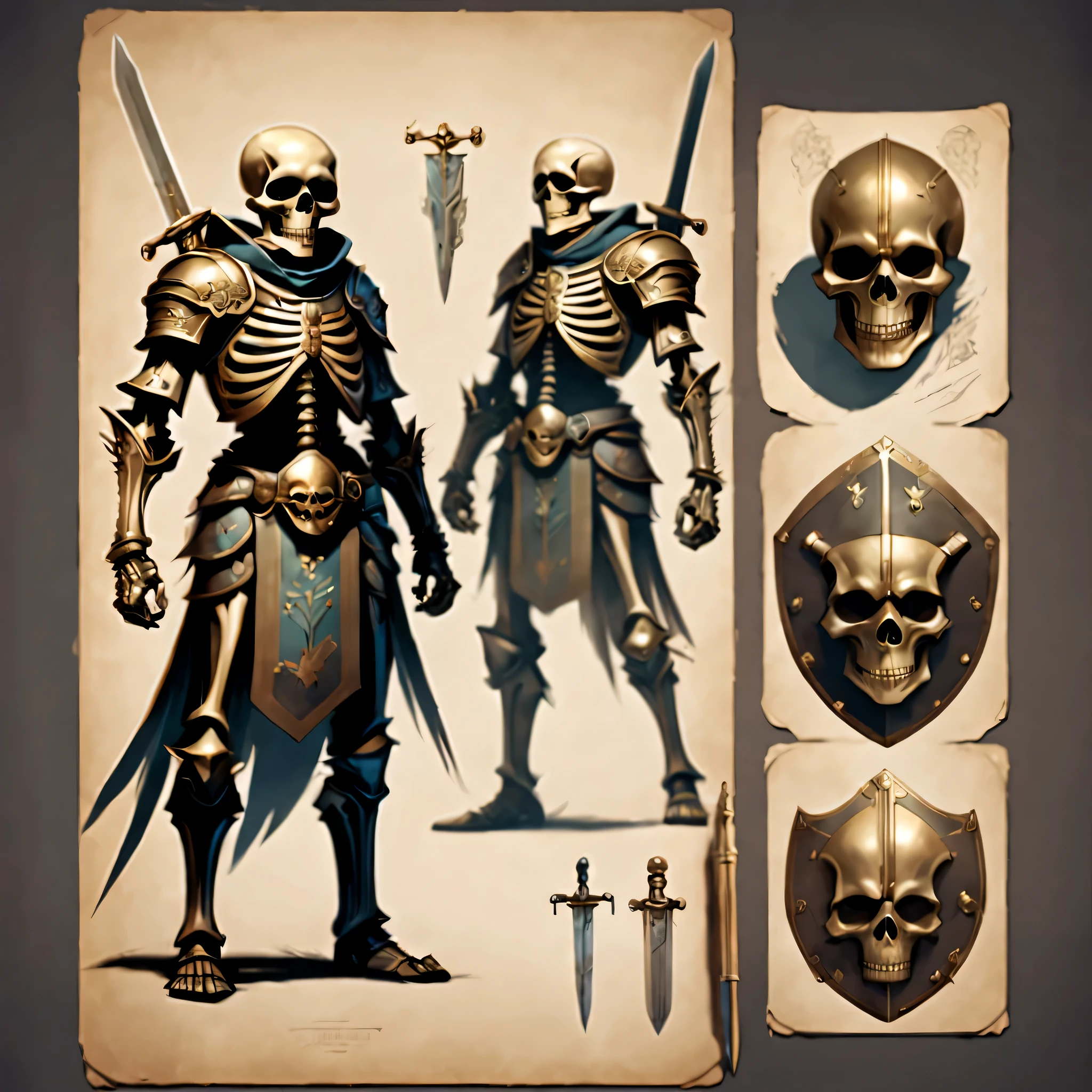 Create an original character design sheet,skeleton warrior,sword and shield,((3 views,whole body, background,multiple views,High resolution)),be familiar with,multiple views,Active,action pose,dynamic,nice,,masterpiece,highest quality,In detail,gracefully,sketch,sketch,ラフsketch,propose