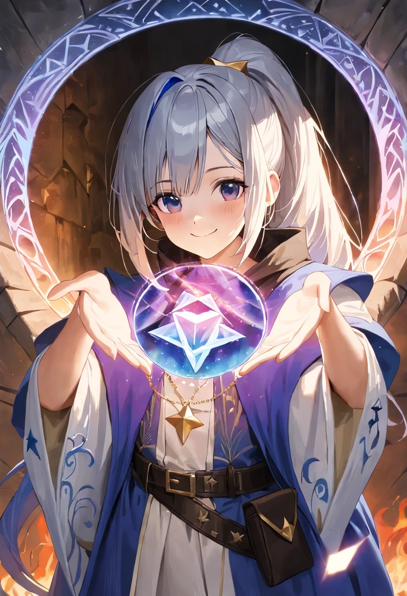 Ganado/(Holographic live broadcast/), Color portrait illustration, (attractive female as a wizard, ponytail, wear_long_flowing_blue_intricately_embroidery_wizard_robe), (necklace, pouch, belt, smiling, Very detailed face, masterpiece, best quality), Very detailed, (in dungeon), mage_Gorgeous, (Large glowing rune circle), fire and ice, cast a spell, ultra high resolution, author:Alexander Karame、Alisa Monks and Shigeru Ban