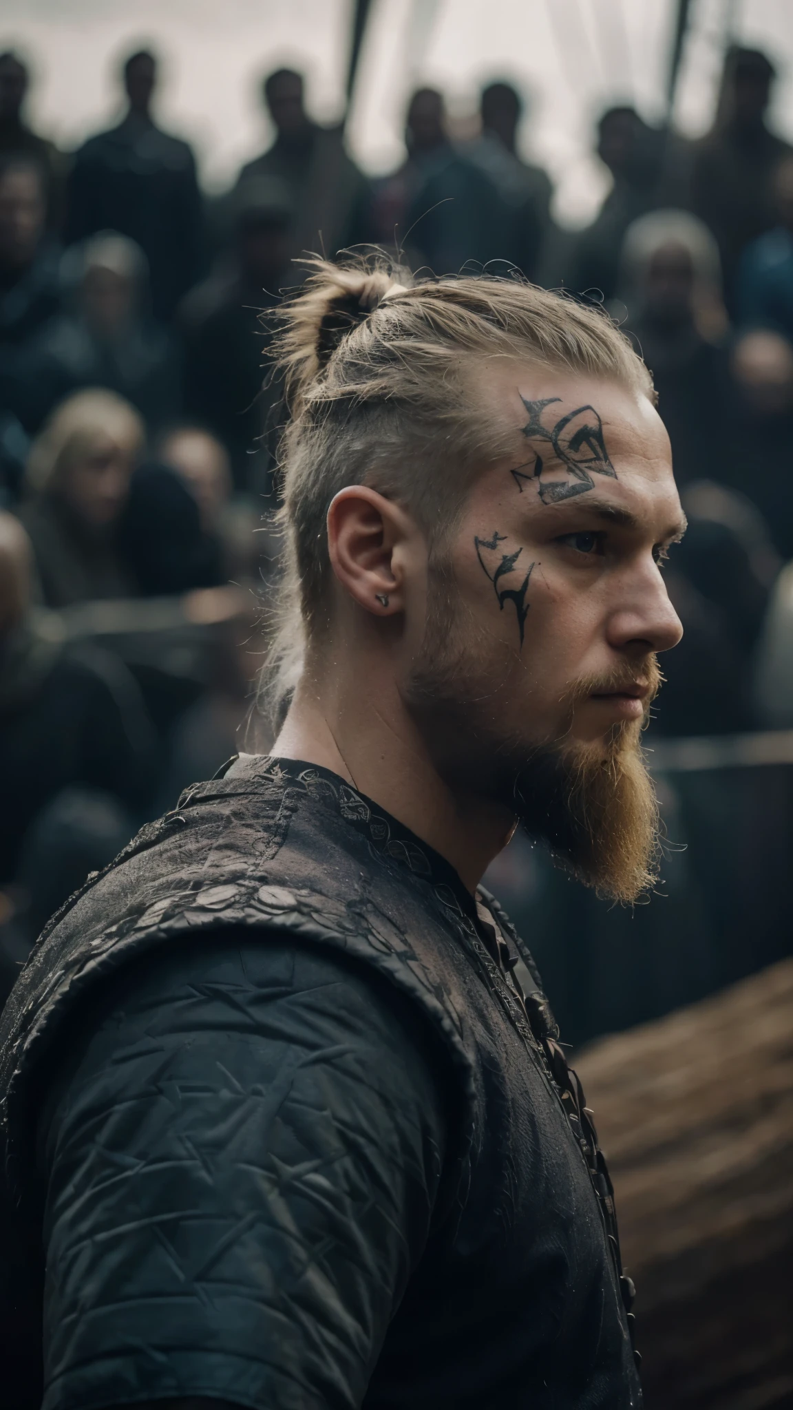 Ragnar lothbrook, with a beard standing in front of a crowd, with rune tattoos on the face, a sexy blonde warrior, focus face, vikings, half shaved haircut, tv show still, symmetrical nose, “ iron bark, kingdom, anime / manga, assasin, polar, rating: general, eyecandy, irish genes, fierce
