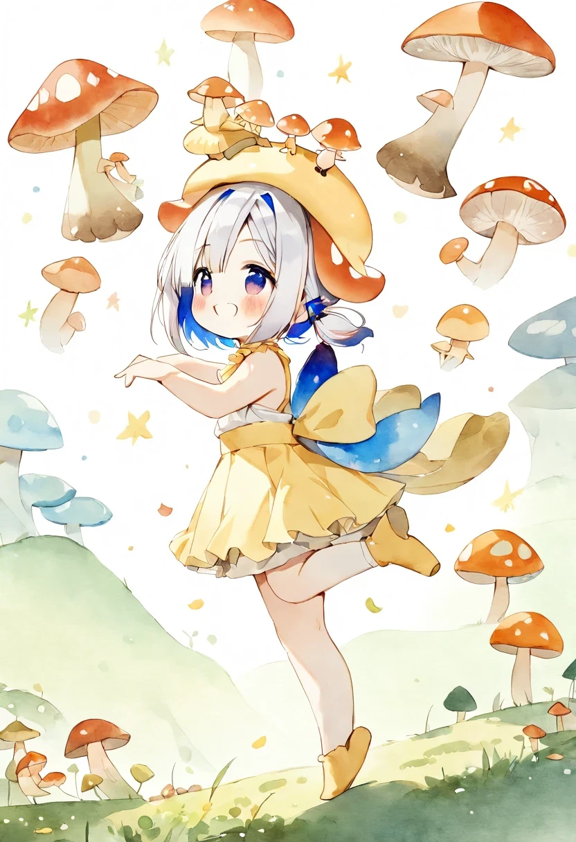 Ganado/(Holographic live broadcast/), simple drawing, mushroom and girls, Chibi, Lovely, bright smile, 发光mushroom, mushroom + mushroom + mushroom + mushroom + mushroom, mushroom on the head, mushroom grow on the body,View from the side,Dance,watercolor illustration, perfect anatomy, masterpiece, best quality, 1 girl, Change,, alone, (white hair short hair:1.2),nature, landscape