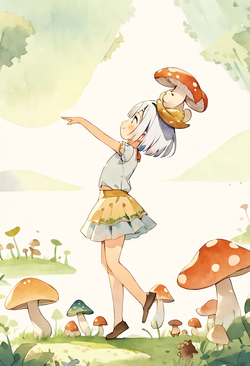 Ganado/(Holographic live broadcast/),  simple drawing, mushroom and girls, Chibi, Lovely, bright smile,  发光mushroom, mushroom + mushroom + mushroom + mushroom + mushroom, mushroom on the head, mushroom grow on the body，View from the side，Dance，watercolor illustration, perfect anatomy, masterpiece, best quality, 1 girl, Change,primary school student， alone, (white hair short hair:1.2),nature, landscape