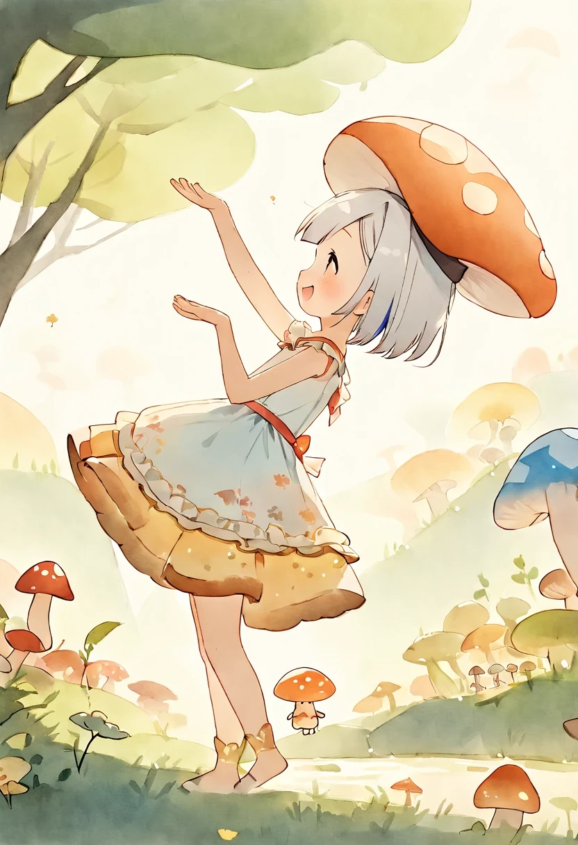 Ganado/(Holographic live broadcast/), simple drawing, mushroom and girls, Chibi, Lovely, bright smile, 发光mushroom, mushroom + mushroom + mushroom + mushroom + mushroom, mushroom on the head, mushroom grow on the body,View from the side,Dance,watercolor illustration, perfect anatomy, masterpiece, best quality, 1 girl, Change,primary school student, alone, (white hair short hair:1.2),nature, landscape