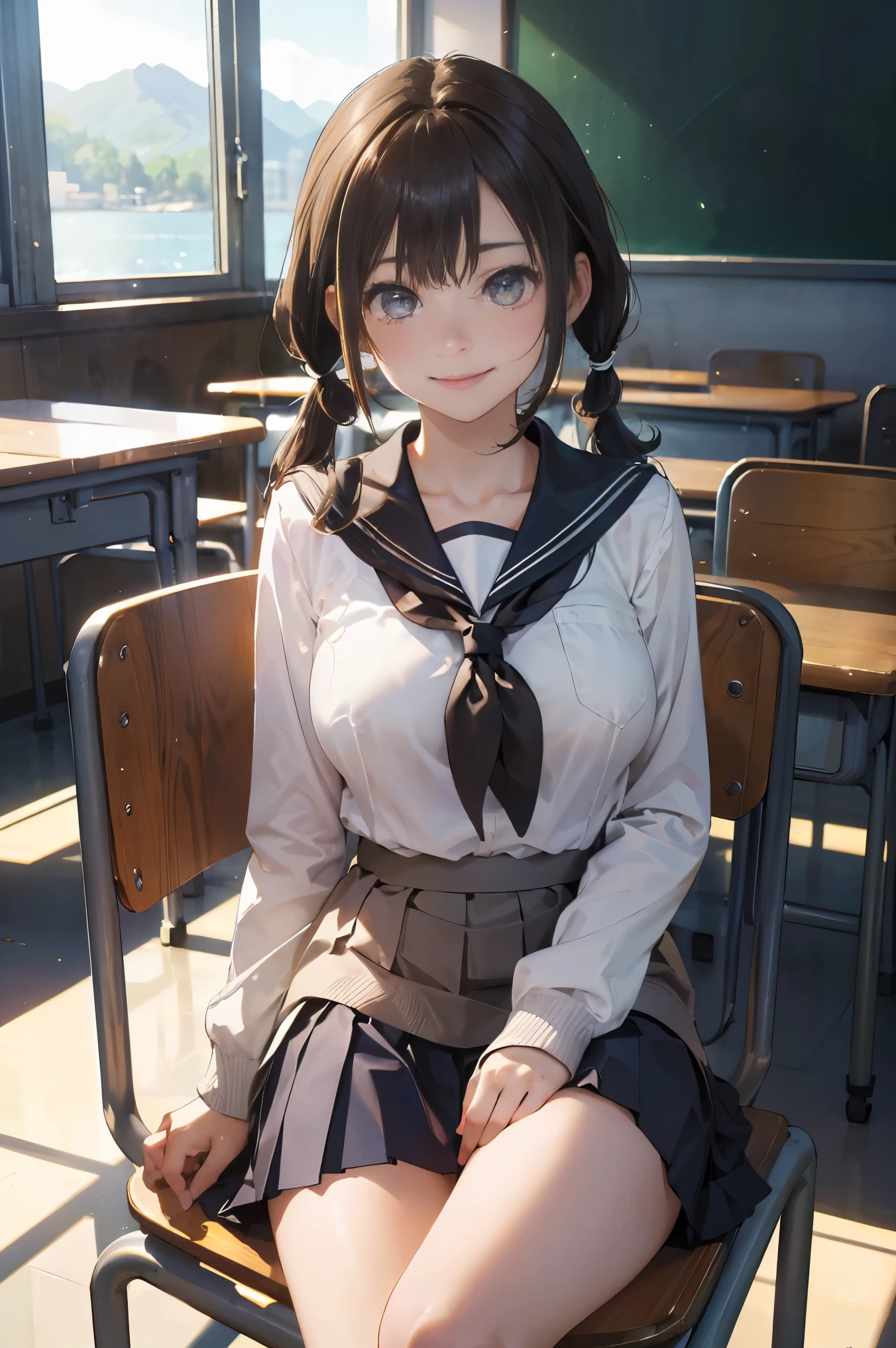 (masterpiece:1.2, top-quality), (realistic, photorealistic:1.4), beautiful illustration,
looking at viewer, cowboy shot, front view:0.8,
1 girl, japanese, high school girl, (long hair:1.4), light brown hair, (twin tail:1.7), large breasts:0.8, white skin
beautiful hair, beautiful face, beautiful detailed eyes, beautiful clavicle, beautiful body, beautiful chest, beautiful thigh, beautiful legs, beautiful detailed fingers,
(beautiful scenery), , classroom, desks, chairs,
((cute school uniform, long sleeves, pleated skirt, sailor collar, scarf)), white panties, shoes,
sitting, sit in a chair,
smile, peace sign,