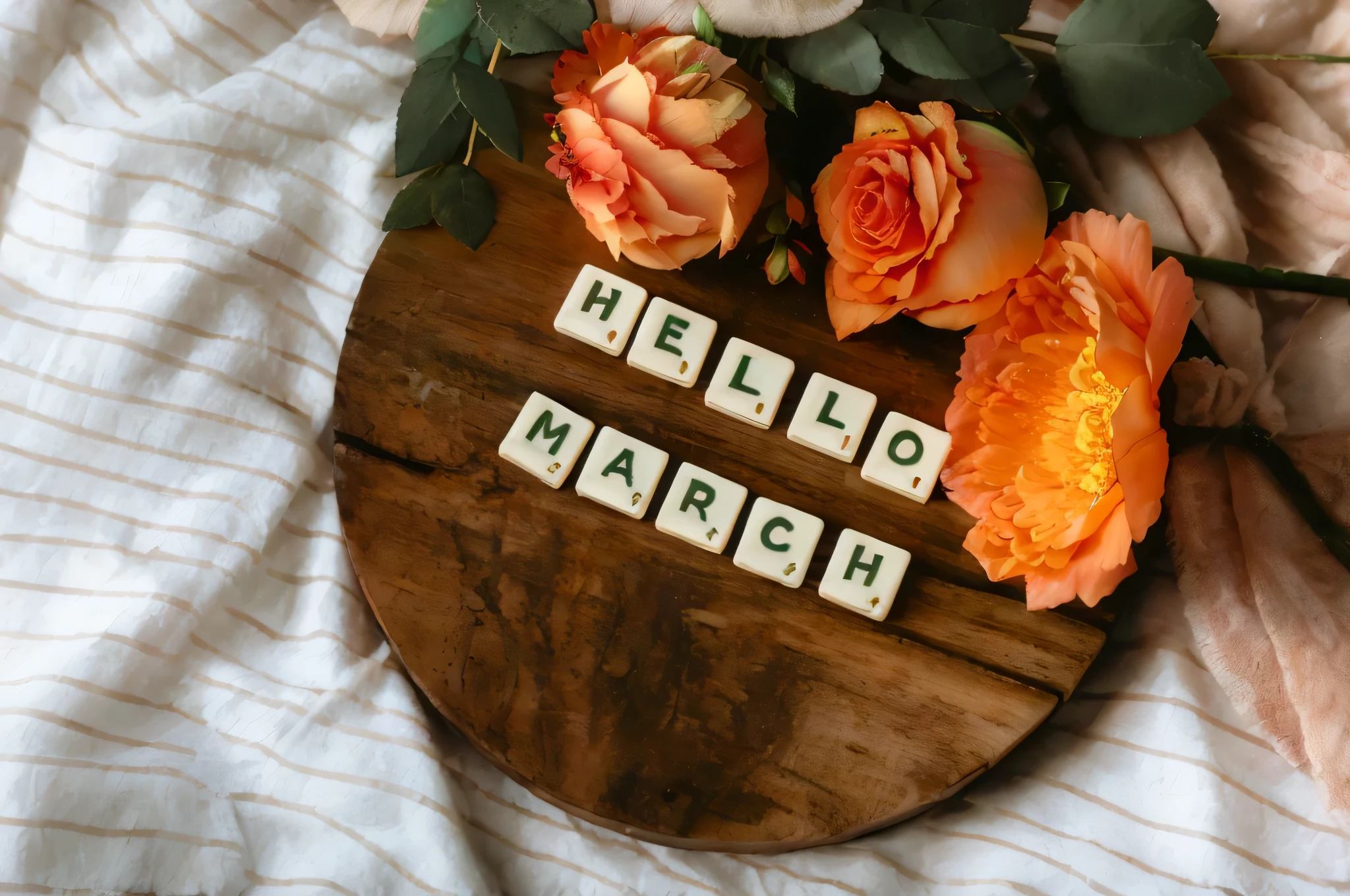 there are two roses and two orange roses on a wooden board, march, beware the ides of march, 🤬 🤮 💕 🎀, monthly, spring vibes, by Dulah Marie Evans, 🎀 🗡 🍓 🧚, spring, 1614572159, with text, bed of flowers on floor, 3 4 5 3 1