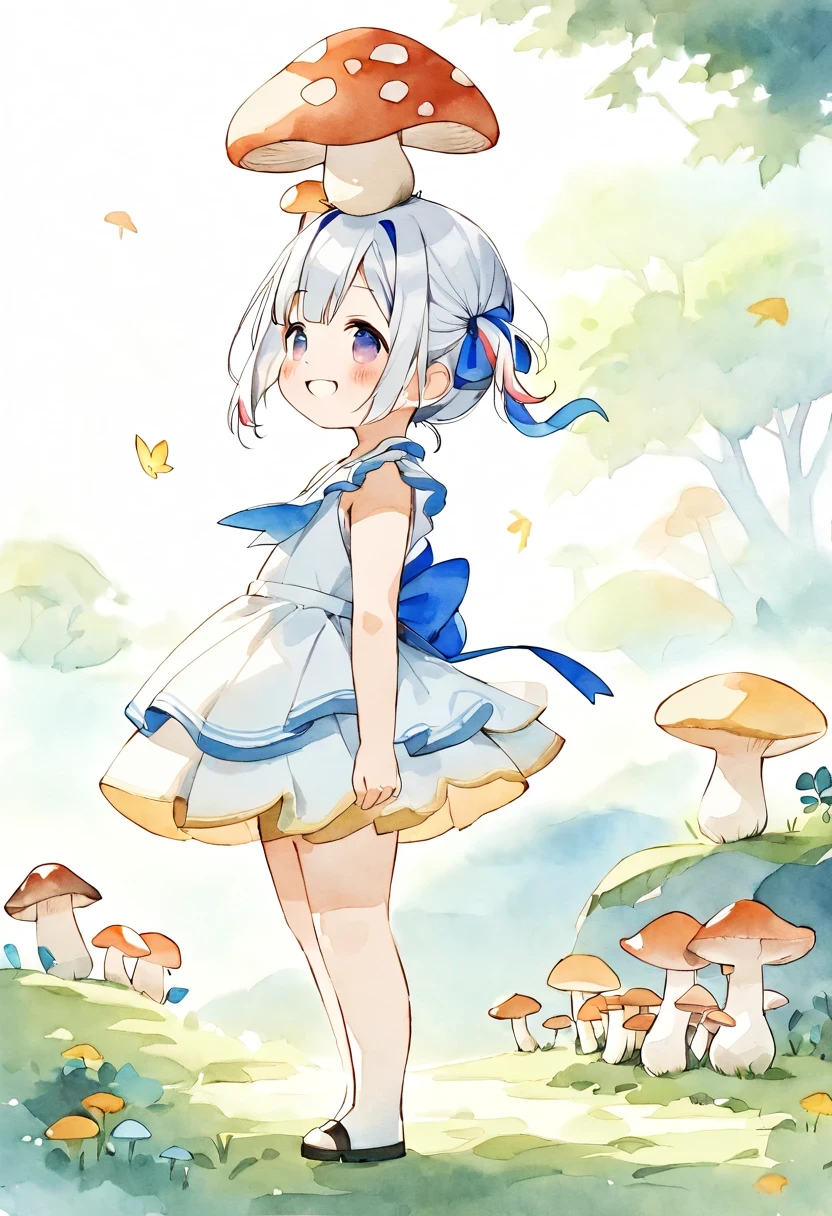 Ganado/(Holographic live broadcast/), simple drawing, mushroom and girls, Chibi, Lovely, bright smile, 发光mushroom, mushroom + mushroom + mushroom + mushroom + mushroom, mushroom on the head, mushroom grow on the body,View from the side,Dance,watercolor illustration, perfect anatomy, masterpiece, best quality, 1 girl, Change,primary school student, alone, (white hair short hair:1.2),nature, landscape