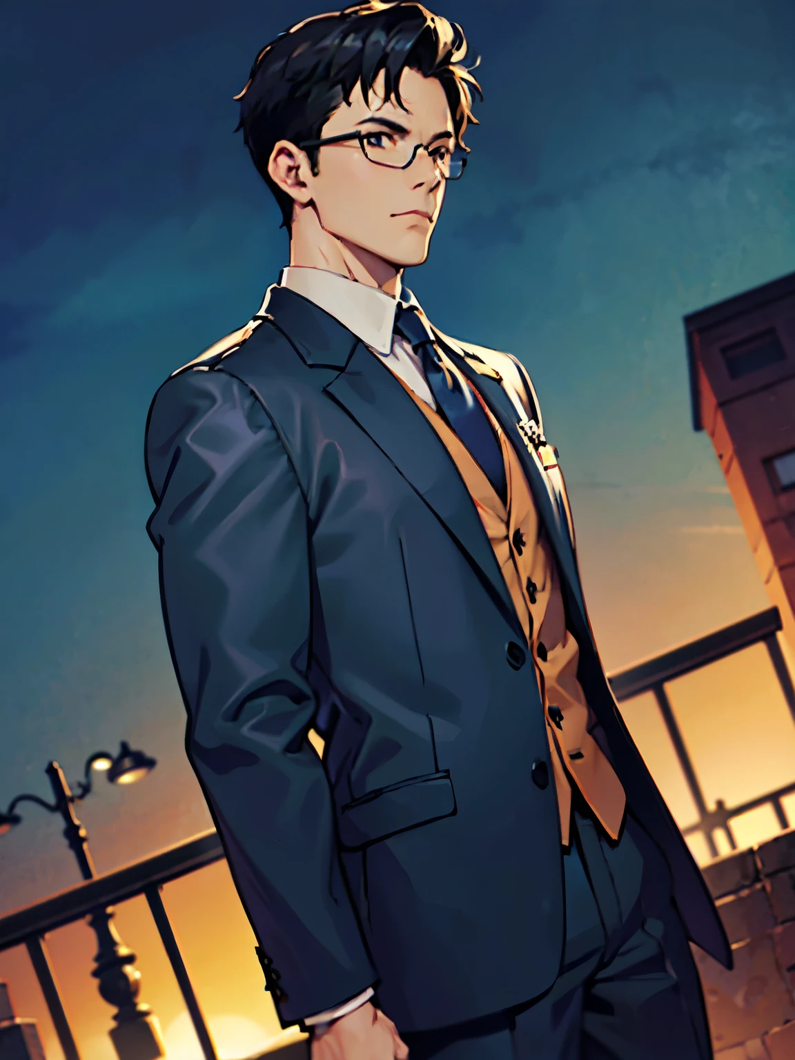 (best quality,4k,8k,highres,masterpiece:1.2), ultra-detailed,high resolution, anime, young male bank clerk, wearing a suit, black hair, short hair, wearing glasses, looking at here, intense gaze, close-up shot, urban cityscape in the background.