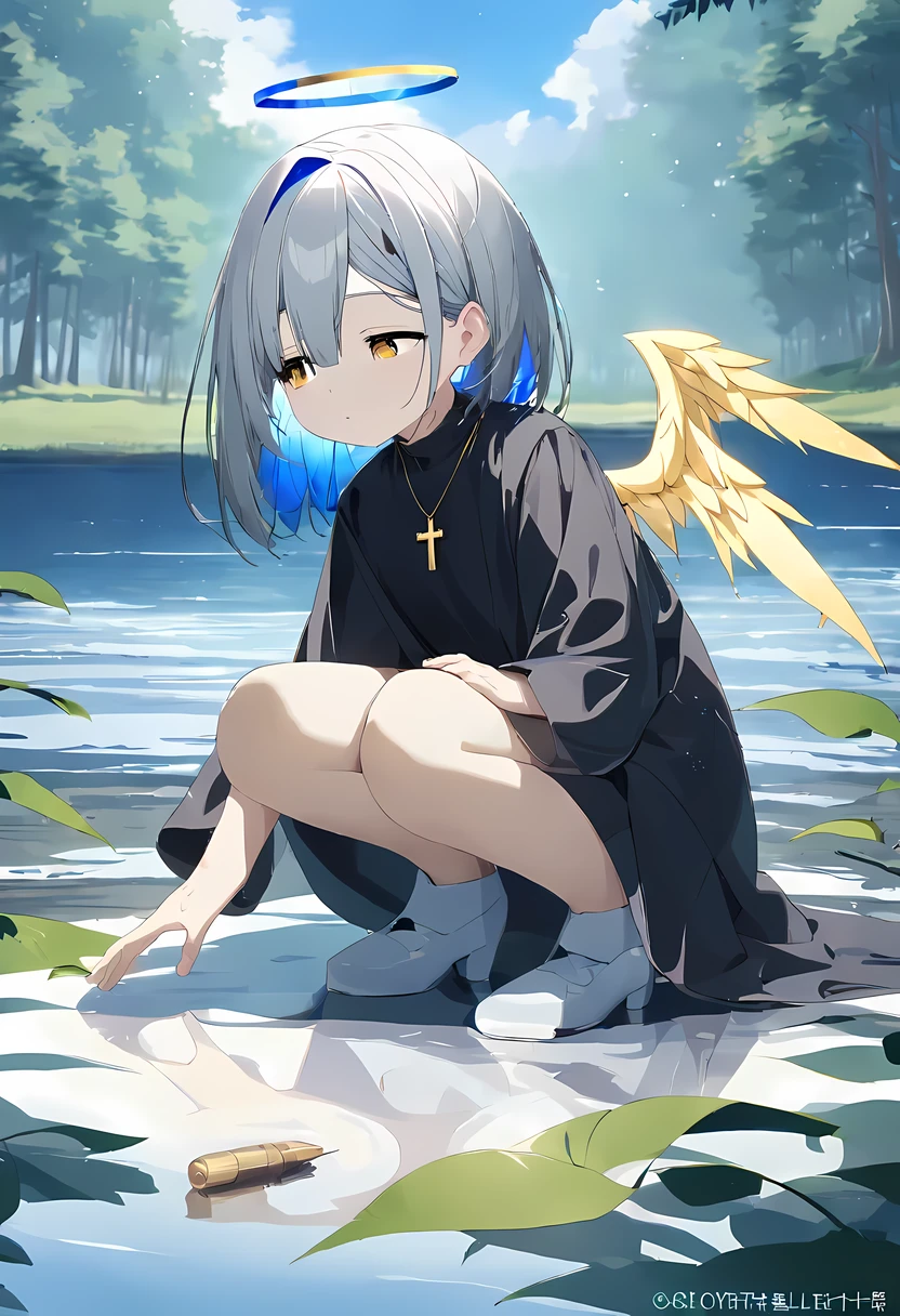 Ganado/(Holographic live broadcast/), (((masterpiece))), (((best quality)))),(sit on your knees), (Kneeling and sitting on white glass surface), official art, Extremely detailed CG unified 8k wallpaper, ((minimal sketch, Tiny), beautiful detailed sky, beautiful and delicate water, Game CG, Huge file size, sketch, alone, girl,alone, (at the lowest limit, Tiny), angelic, long gray hair, white hair, wet hair, hair between eyes, hair behind ears, Carefree eyes and white eyelashes, yellow eyes, half closed eyes, footwear, halo, Cross necklace, look down,blow dry hair, Feather jewelry, leaf hair accessories, in the forest, lakeside, ((flat chest))), (((black robe))), long sleeve dynamo, White eye mask, Elf ears, Golden wings are more yellow,Phoenix Wings,divine light