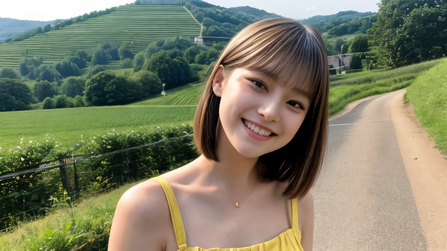 masterpiece、4k、highest quality、beautiful japanese woman、detailed description、1 girl、23 years old、(yellow camisole:1.1)、bob cut、summer、rural area、Depth of written boundary、Angle from above、smile、Biei town hill landscape background、holding a cute black kitten。