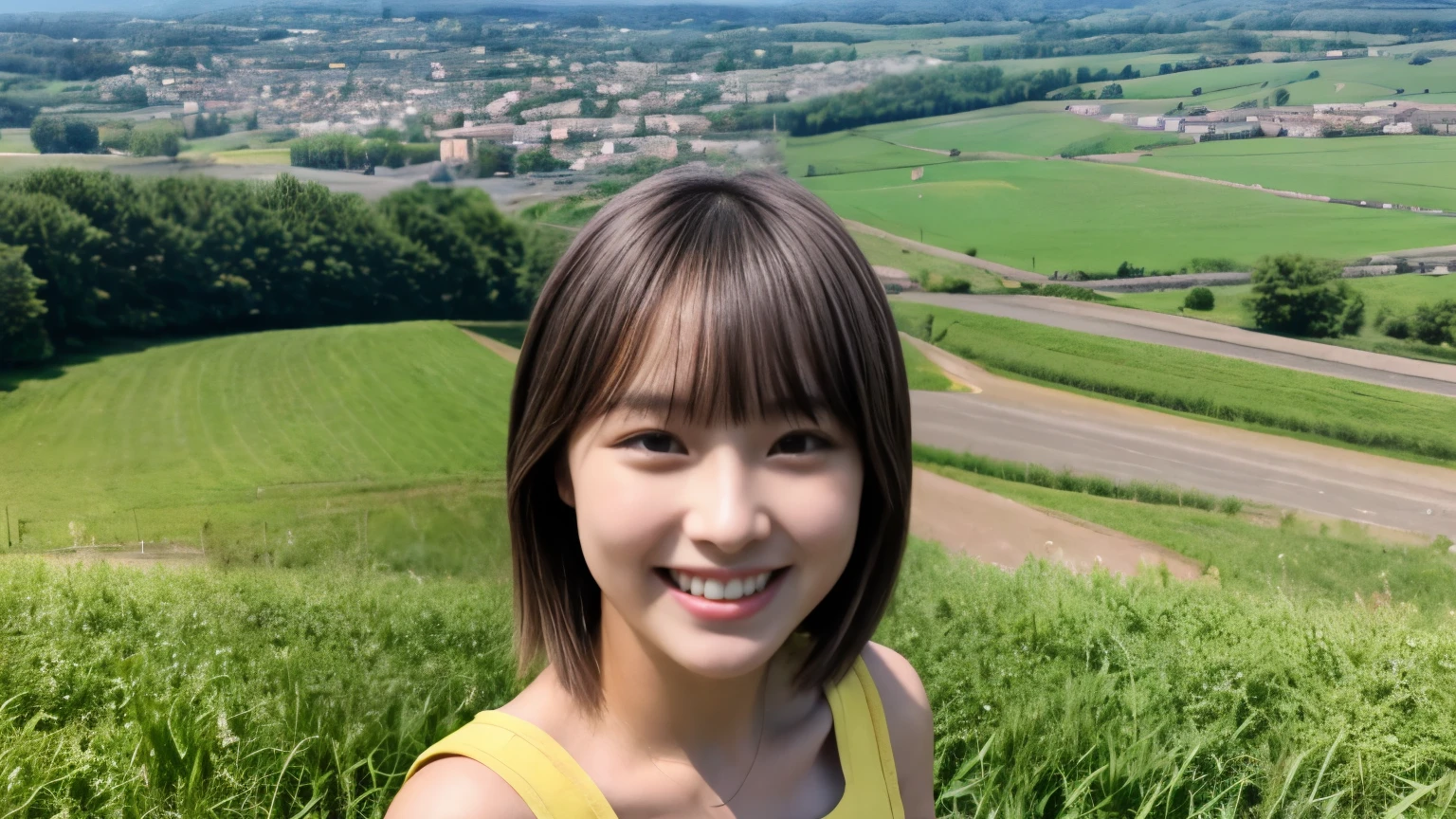 masterpiece、4k、highest quality、beautiful japanese woman、detailed description、1 girl、23 years old、(yellow camisole:1.1)、bob cut、summer、rural area、Depth of written boundary、Angle from above、smile、Biei town hill landscape background、holding a cute black kitten。