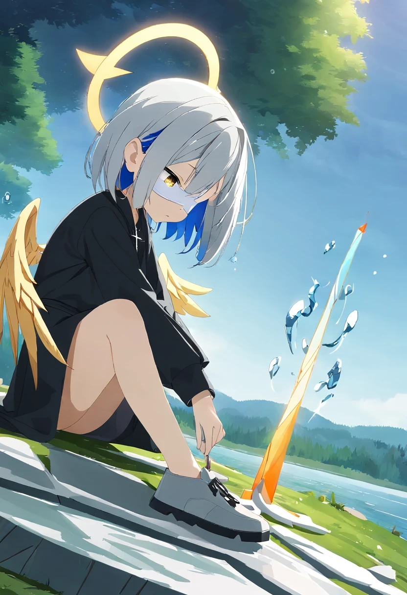 Ganado/(Holographic live broadcast/), (((masterpiece))), (((best quality)))),(sit on your knees), (Kneeling and sitting on white glass surface), official art, Extremely detailed CG unified 8k wallpaper, ((minimal sketch, Tiny), beautiful detailed sky, beautiful and delicate water, Game CG, Huge file size, sketch, alone, girl,alone, (at the lowest limit, Tiny), angelic, long gray hair, white hair, wet hair, hair between eyes, hair behind ears, Carefree eyes and white eyelashes, yellow eyes, half closed eyes, footwear, halo, Cross necklace, look down,blow dry hair, Feather jewelry, leaf hair accessories, in the forest, lakeside, ((flat chest))), (((black robe))), long sleeve dynamo, White eye mask, Elf ears, Golden wings are more yellow,Phoenix Wings,divine light