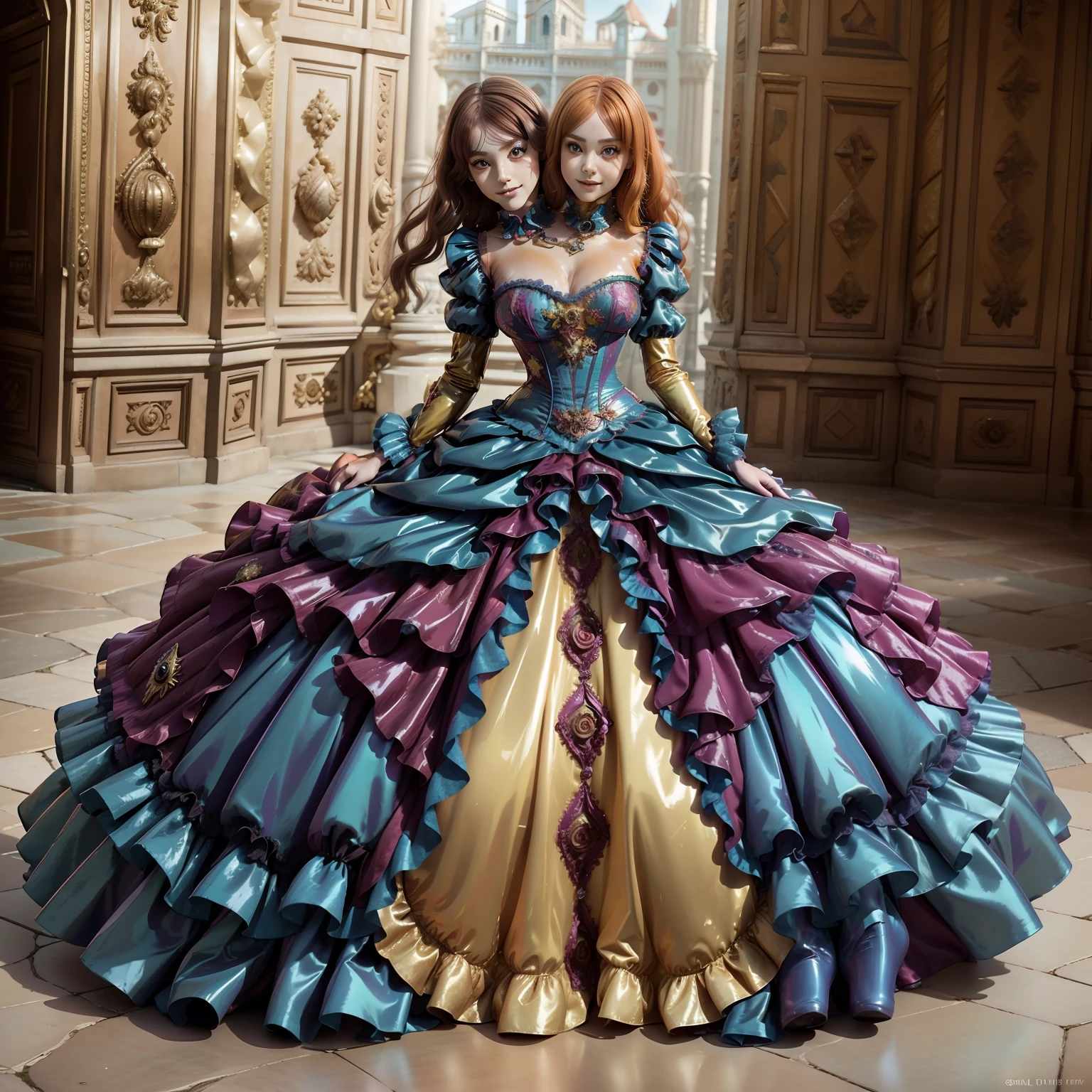 masutepiece,A hyper-realistic,32K,the Extremely Detailed CG Unity 8K Wallpapers, Best Quality),(Wearing colorful latex classic renaissance gown:1.3),(Fishnet stockings are worn tight:1.1),beautiful glowing blue eyes,Rainbow Twin Tail Hair,Full body shot,In front of castle,A smile, (two heads), sfw, ((ball gown))