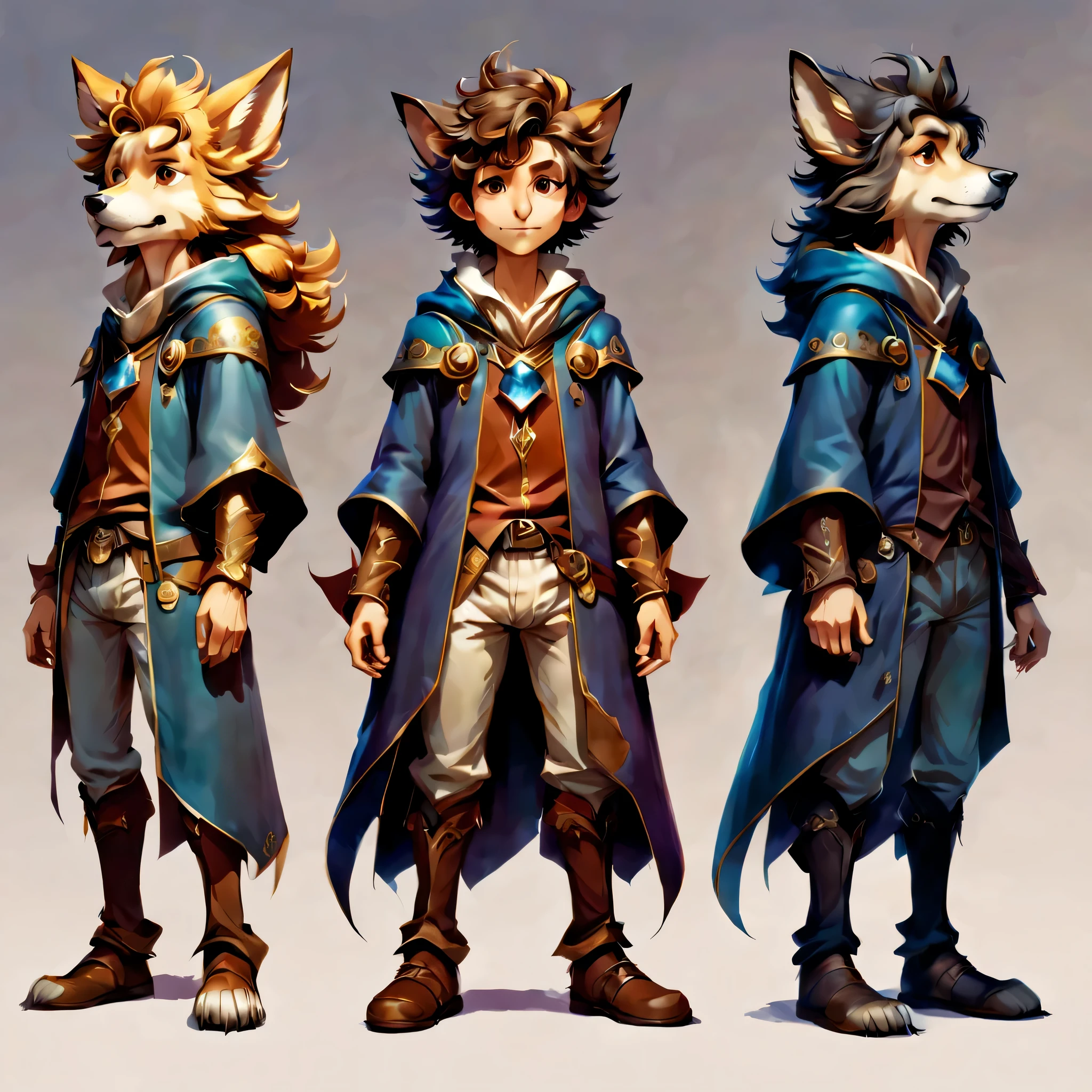 オリジナルキャラクターのdesign sheetを作成します,anime main character,boy,wizard,natural perm,my partner is a wolf,((design sheet,Orderly columns,3 views,whole body, background,multiple views,High resolution)),be familiar with,multiple views,Active,action pose,dynamic,nice,cute,masterpiece,highest quality,In detail,gracefully,sketch,sketch,ラフsketch,propose,explanation,under consideration,