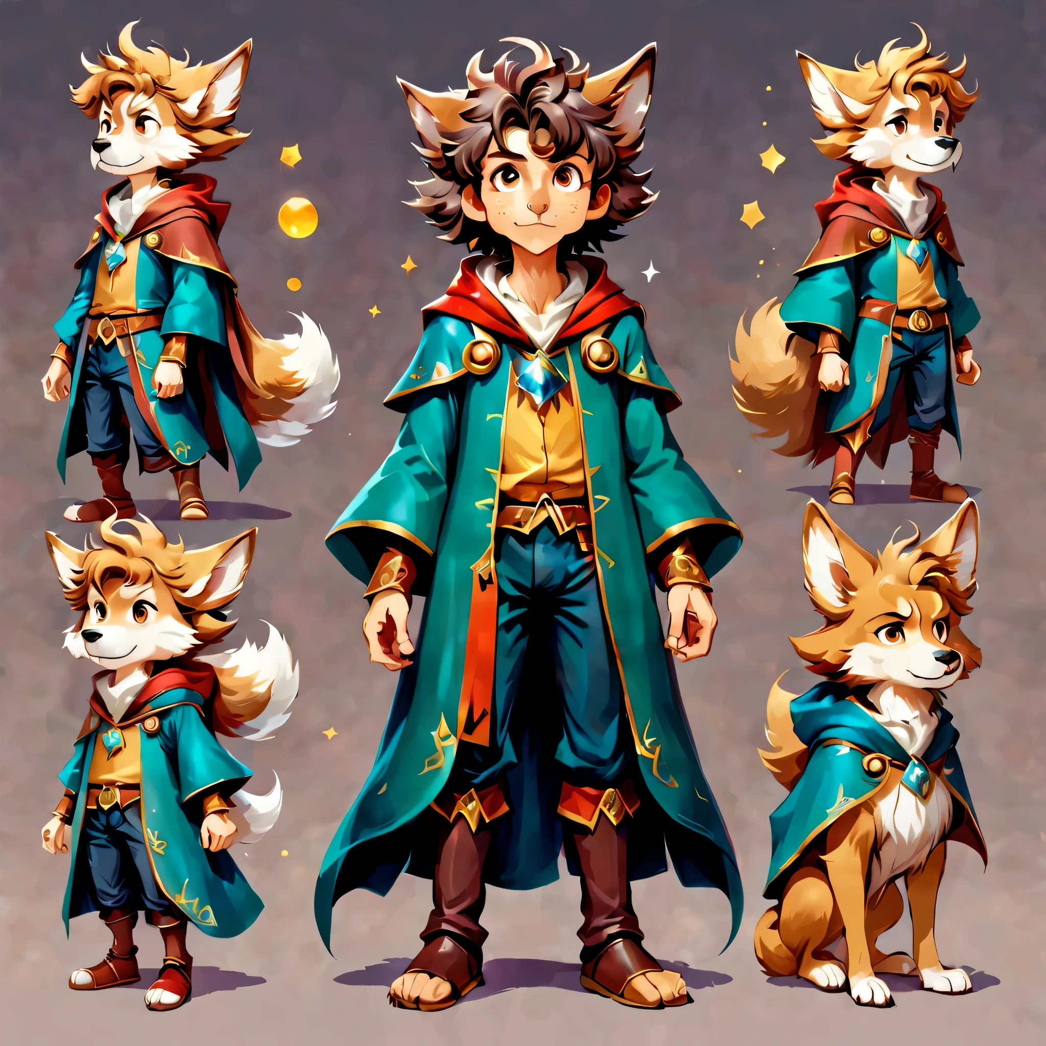 オリジナルキャラクターのdesign sheetを作成します,anime main character,boy,wizard,natural perm,my partner is a wolf,((design sheet,Orderly columns,3 views,whole body, background,multiple views,High resolution)),be familiar with,multiple views,Active,action pose,dynamic,nice,cute,masterpiece,highest quality,In detail,gracefully,sketch,sketch,ラフsketch,propose,explanation,under consideration,