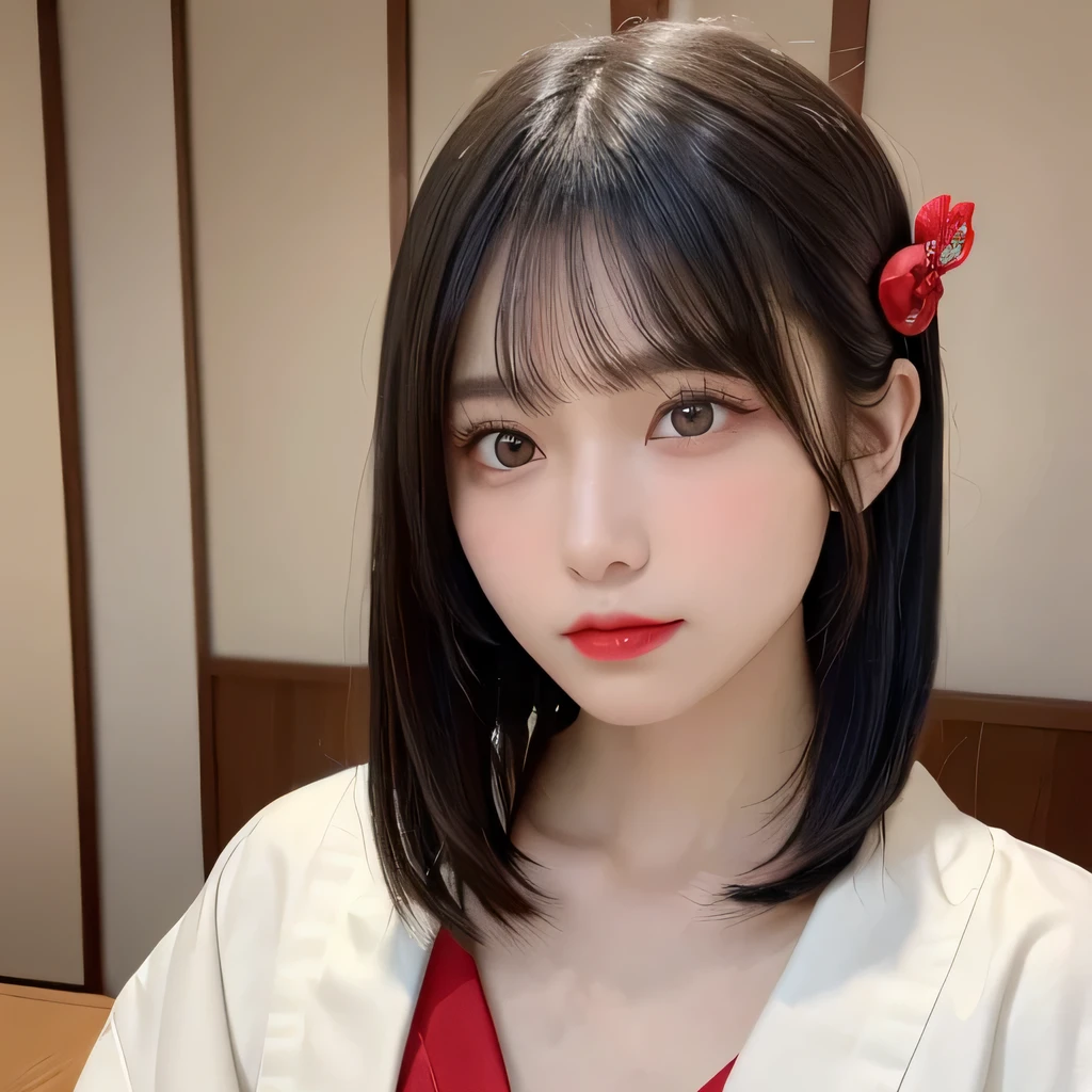(table top:1.3), (8k, realistic, RAW photo, highest quality: 1.4), Japanese, (Women of the Edo period), Japanese clothing from the Edo period、expensive kimono、brightly colored kimono、Edo period hair、Japanese hair、大きなhairpin、綺麗なhairpin、kimono hairstyle、short ponytail、parted bangs、beautiful face, (realistic face), (black hair), beautiful nape, realistic eyes, fine and beautiful eyes, (realistic skin), beautiful skin, charm, 超A high resolution, 超realistic, very detailed, golden ratio,, beautiful clavicle, pure white makeup、bright red lipstick、In a Japanese room、15 years old、hairpin、hairpin、