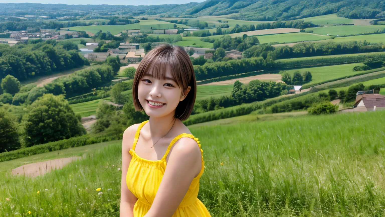 masterpiece、4k、highest quality、beautiful japanese woman、detailed description、1 girl、23 years old、(yellow camisole:1.1)、bob cut、summer、rural area、Depth of written boundary、Angle from above、smile、Biei town hill landscape background、holding a cute black kitten。